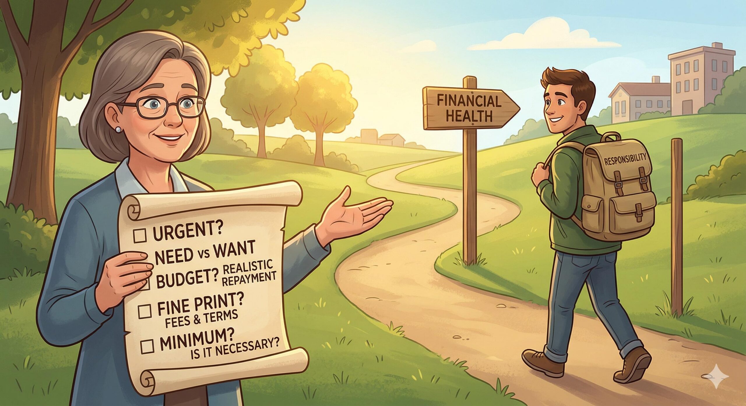 Friendly guide figure presents a responsible borrowing checklist scroll to a confident person with a 'RESPONSIBILITY' backpack walking towards a 'FINANCIAL HEALTH' sign. (1)