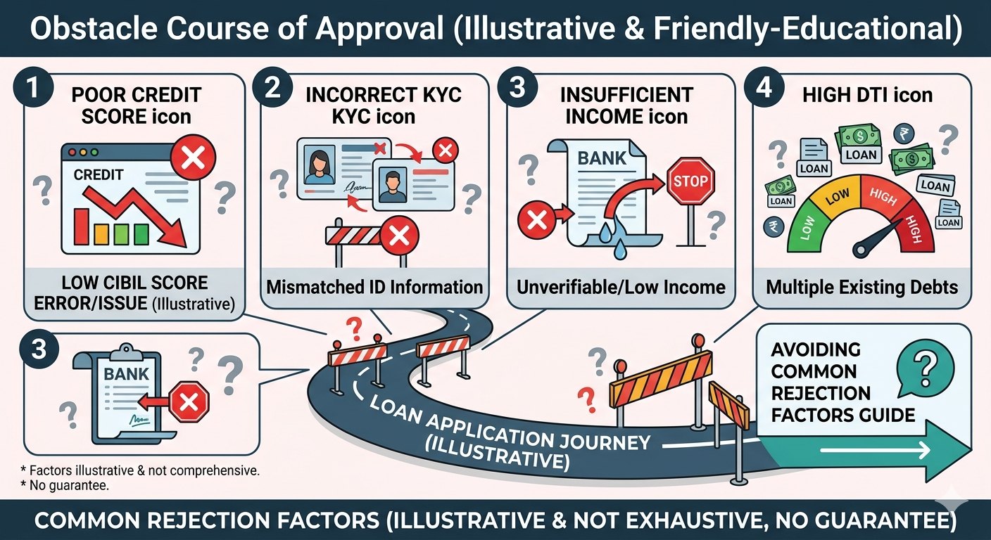 Graphic depicting illustrative obstacles in loan approval process like credit score, income, and document issues.