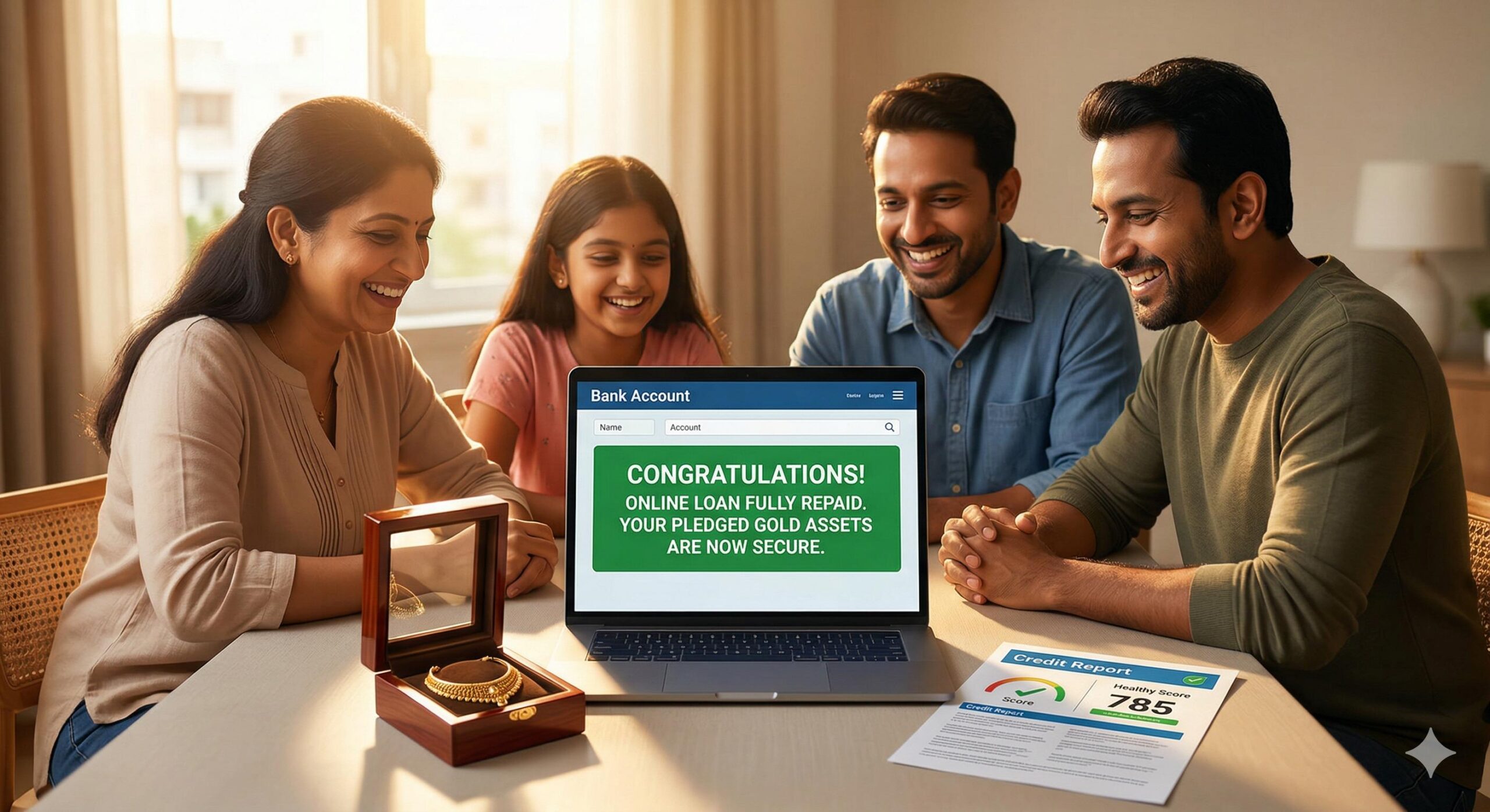 Happy family celebrating the full repayment of an online loan and the secure protection of their pledged gold assets and a good credit score.