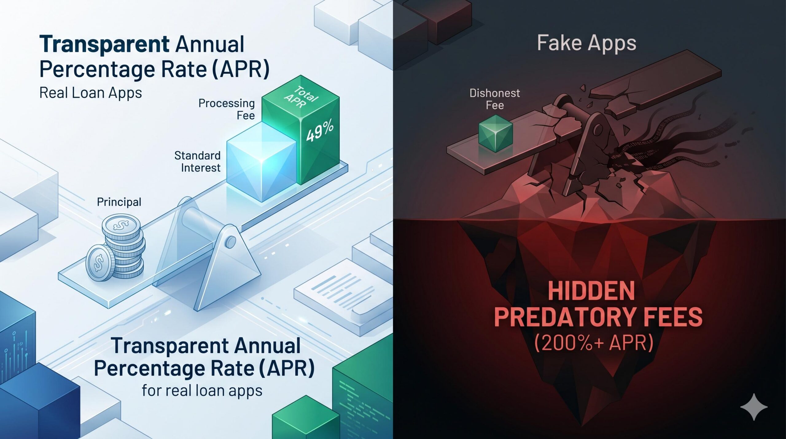 Illustration defining Annual Percentage Rate (APR) versus hidden predatory fees.