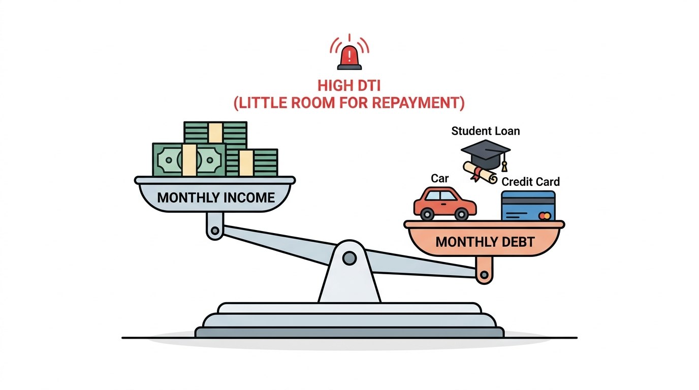 Illustration of a balancing scale, visually explaining that high debt makes monthly income appear insufficient to a lender.