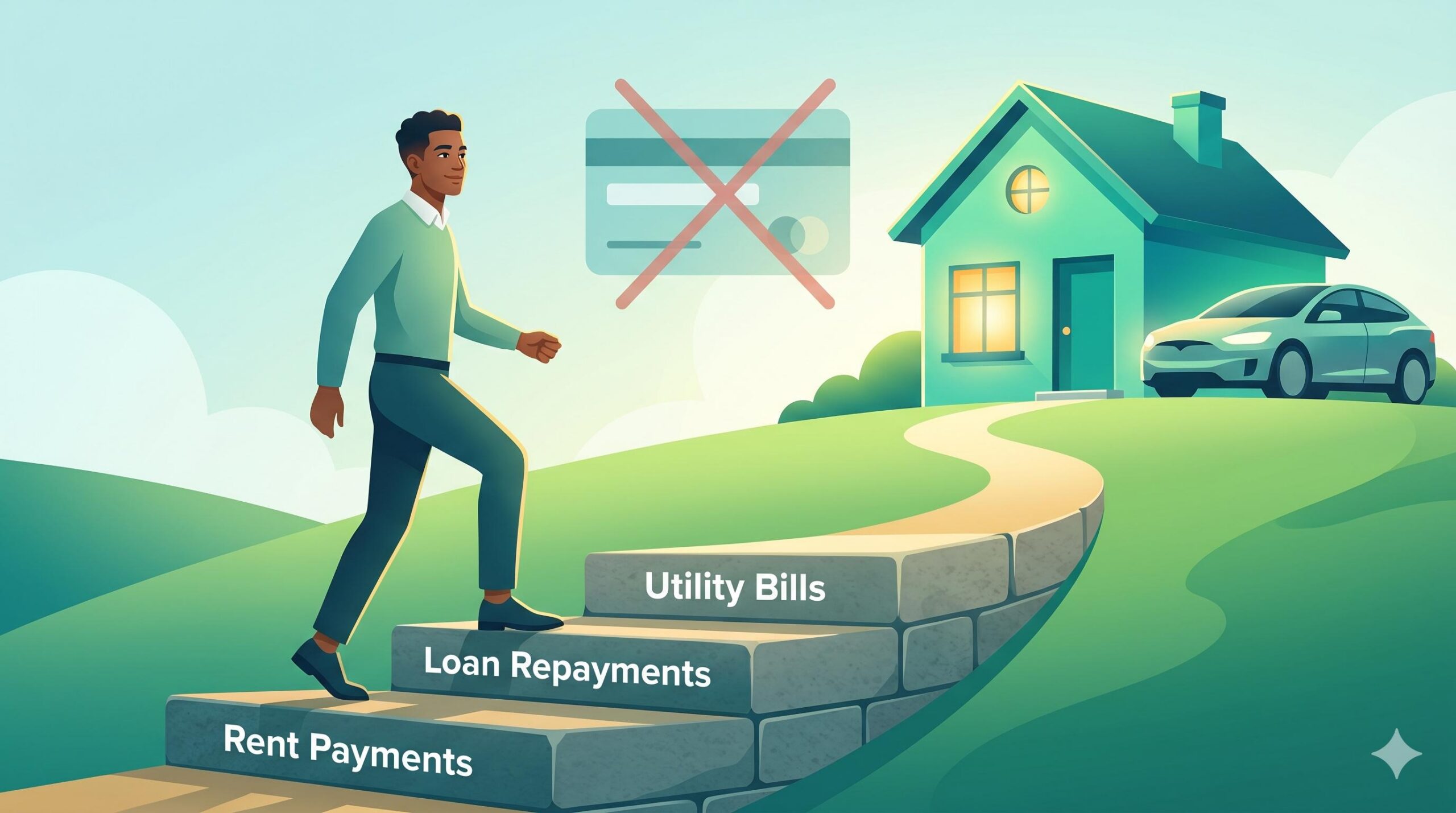 Illustration of a person building credit score by paying rent and utility bills without a credit card.