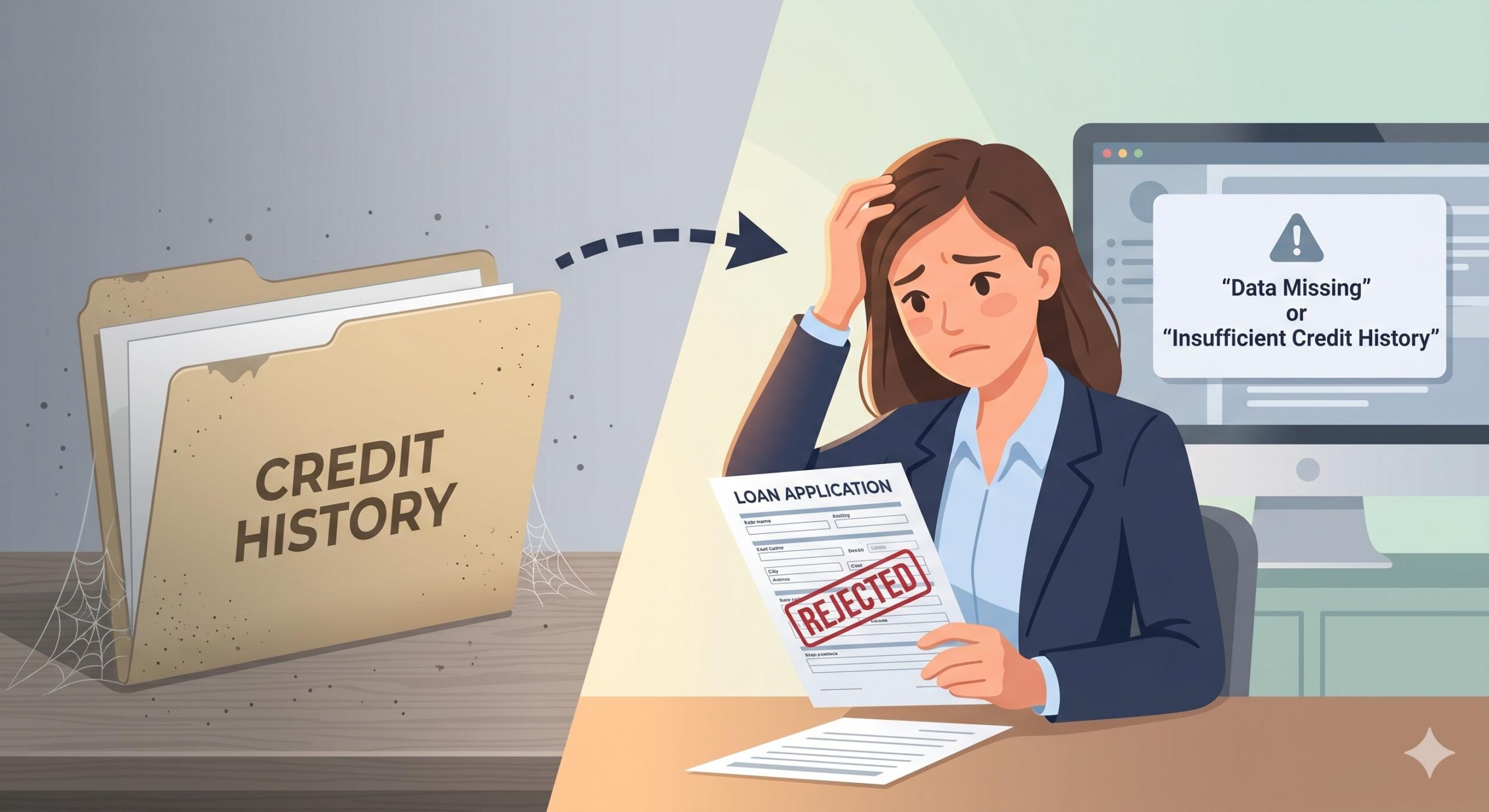 Illustration of an empty credit history file folder next to a rejected loan application, visualizing a thin file.