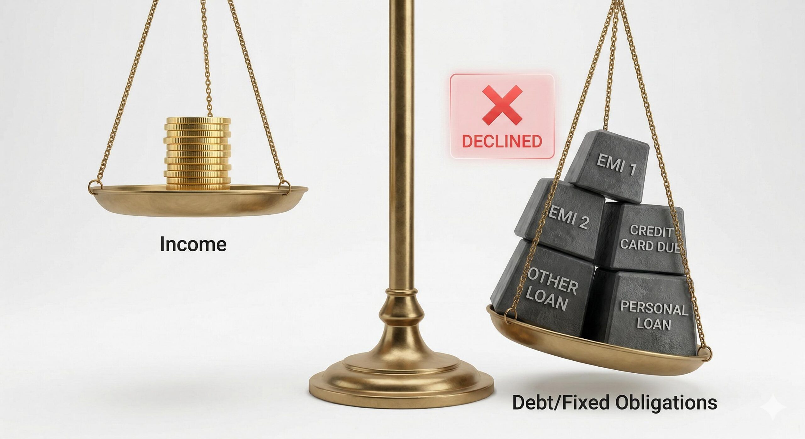 Illustration of an overloaded debt-to-income ratio causing loan rejection.
