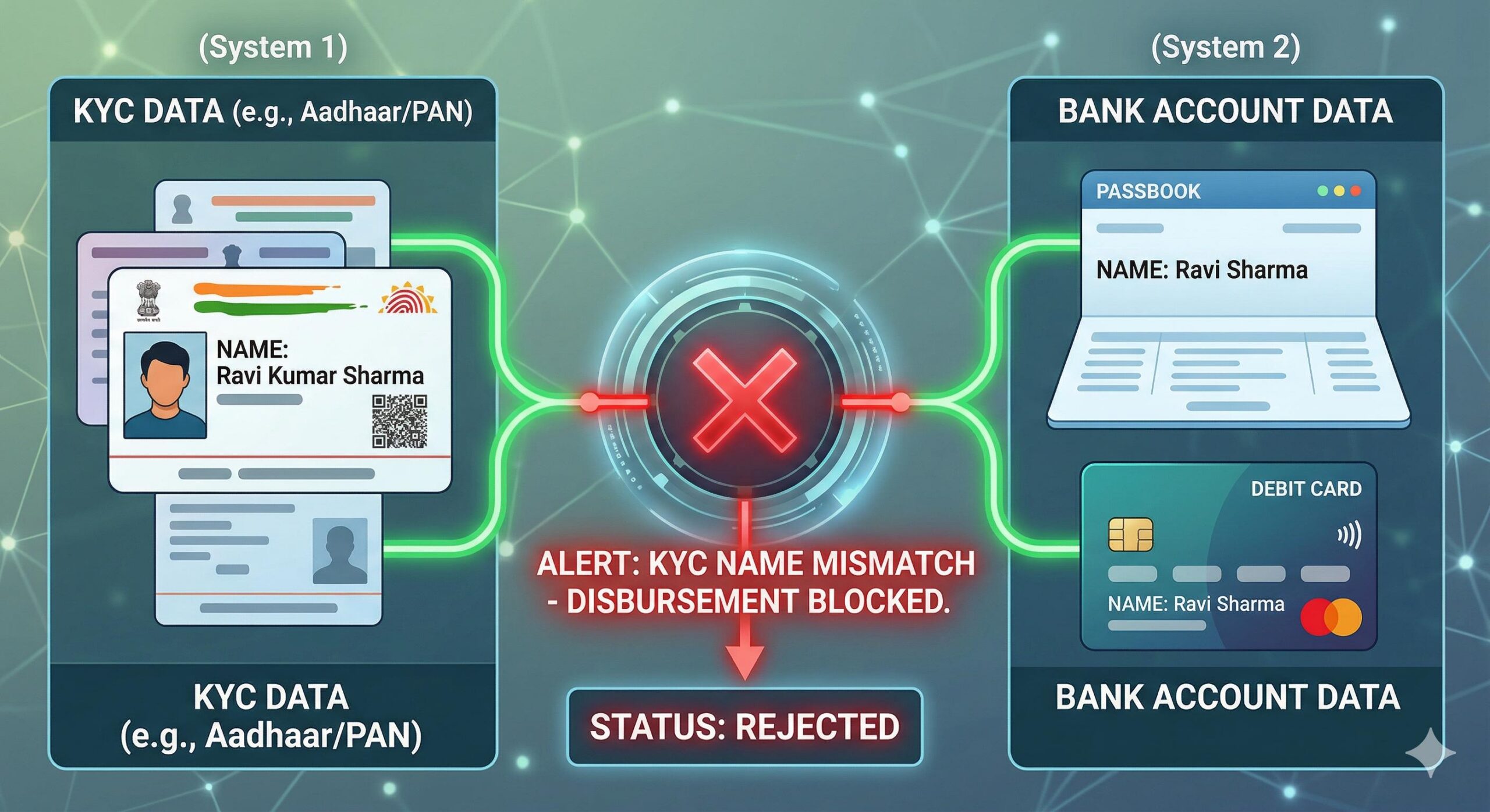 Illustration of automated system detecting a subtle name mismatch ('Ravi Kumar Sharma' vs 'Ravi Sharma') between KYC and bank data, blocking a disbursement.