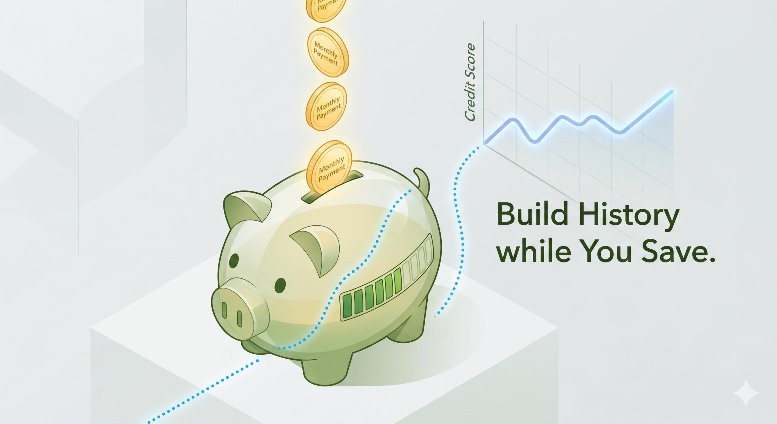 Illustration showing a piggy bank filling up with monthly payments that simultaneously raise a credit score chart.