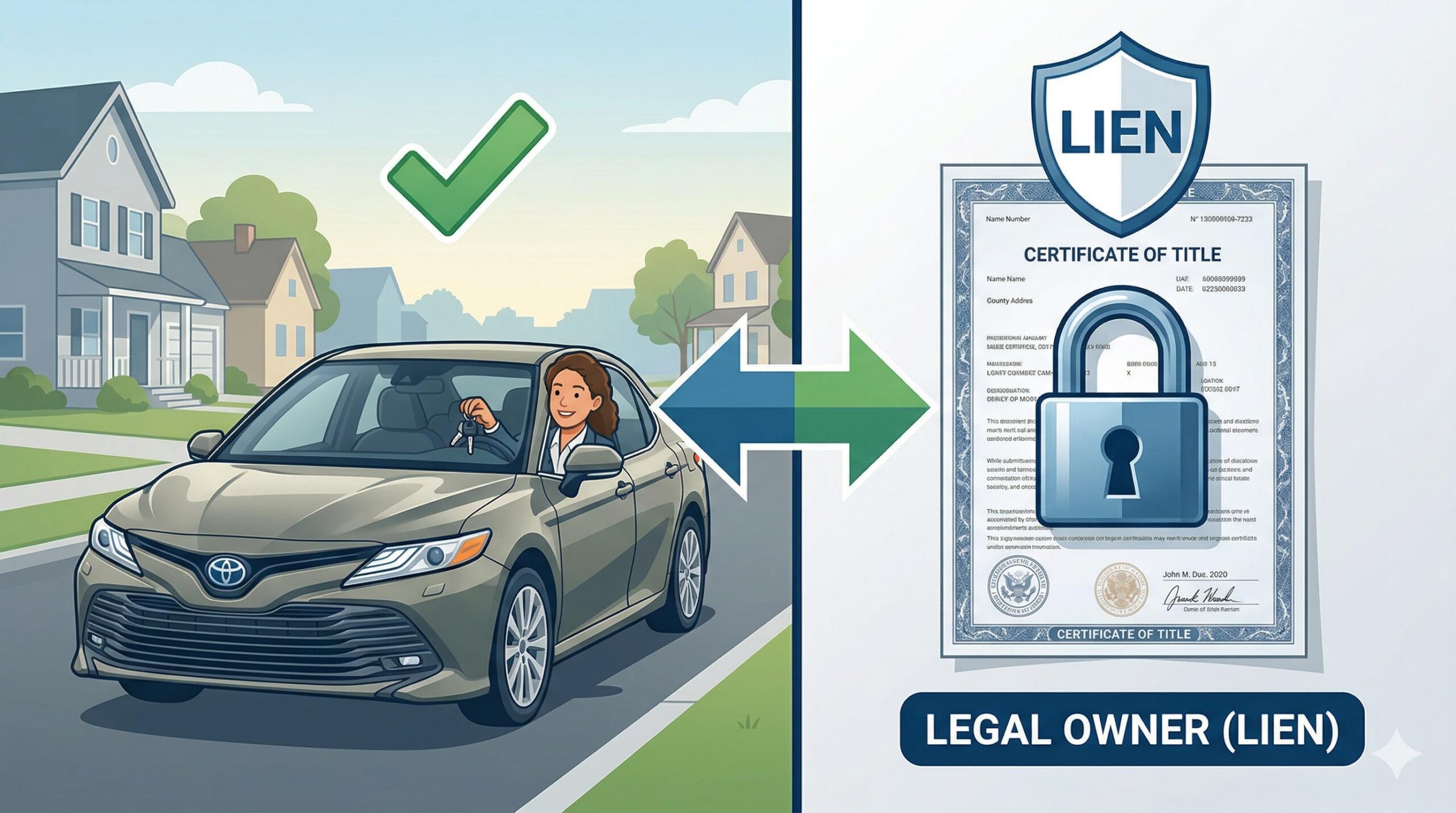 Illustration showing that the borrower keeps the car but the lender has a legal lock on the title.