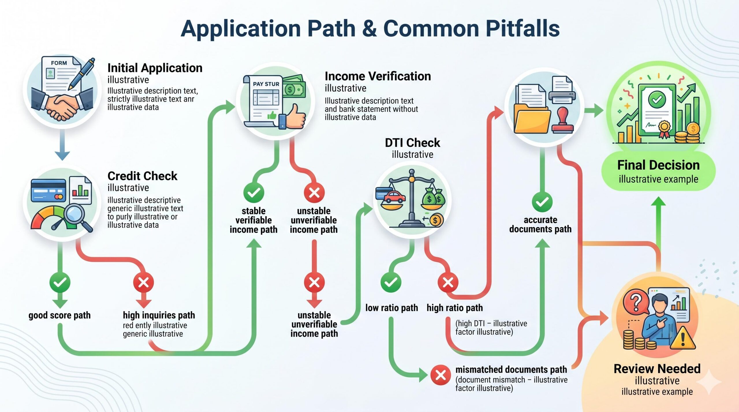 Illustrative flow visualization of application checkpoints and illustrative positive vs cautionary paths related to common rejection factors.