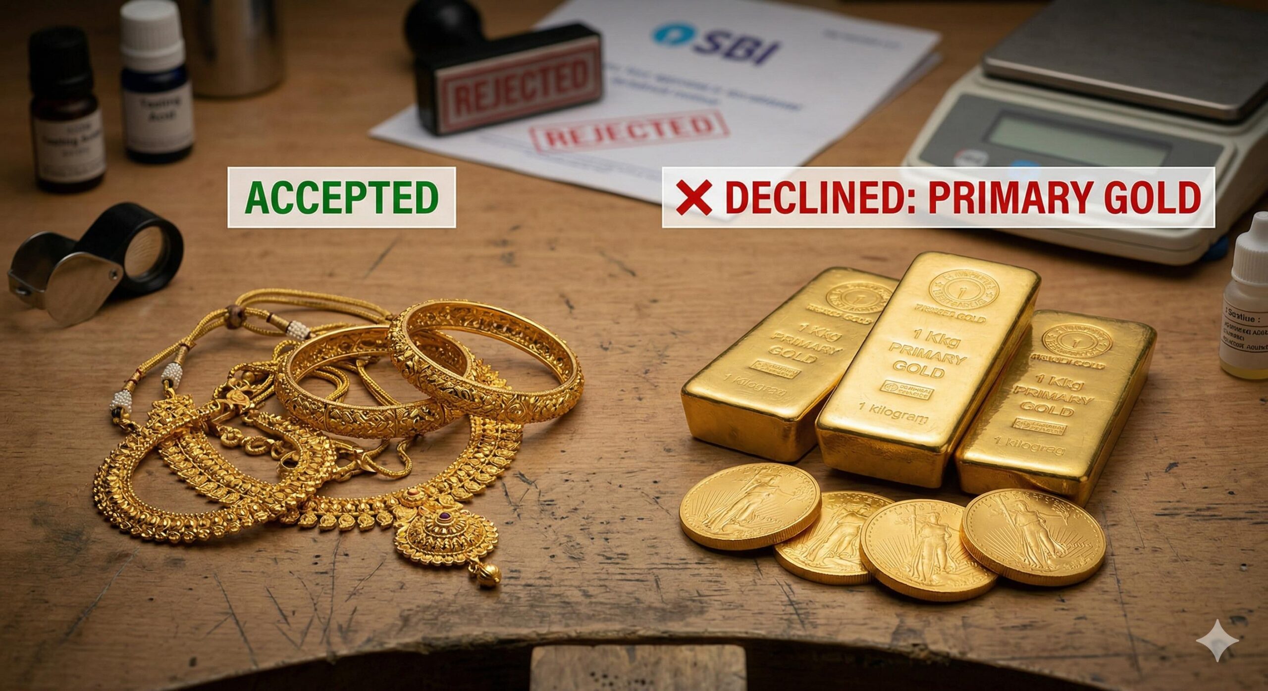 Image comparing accepted gold jewelry vs. declined gold bars and large coins as loan collateral