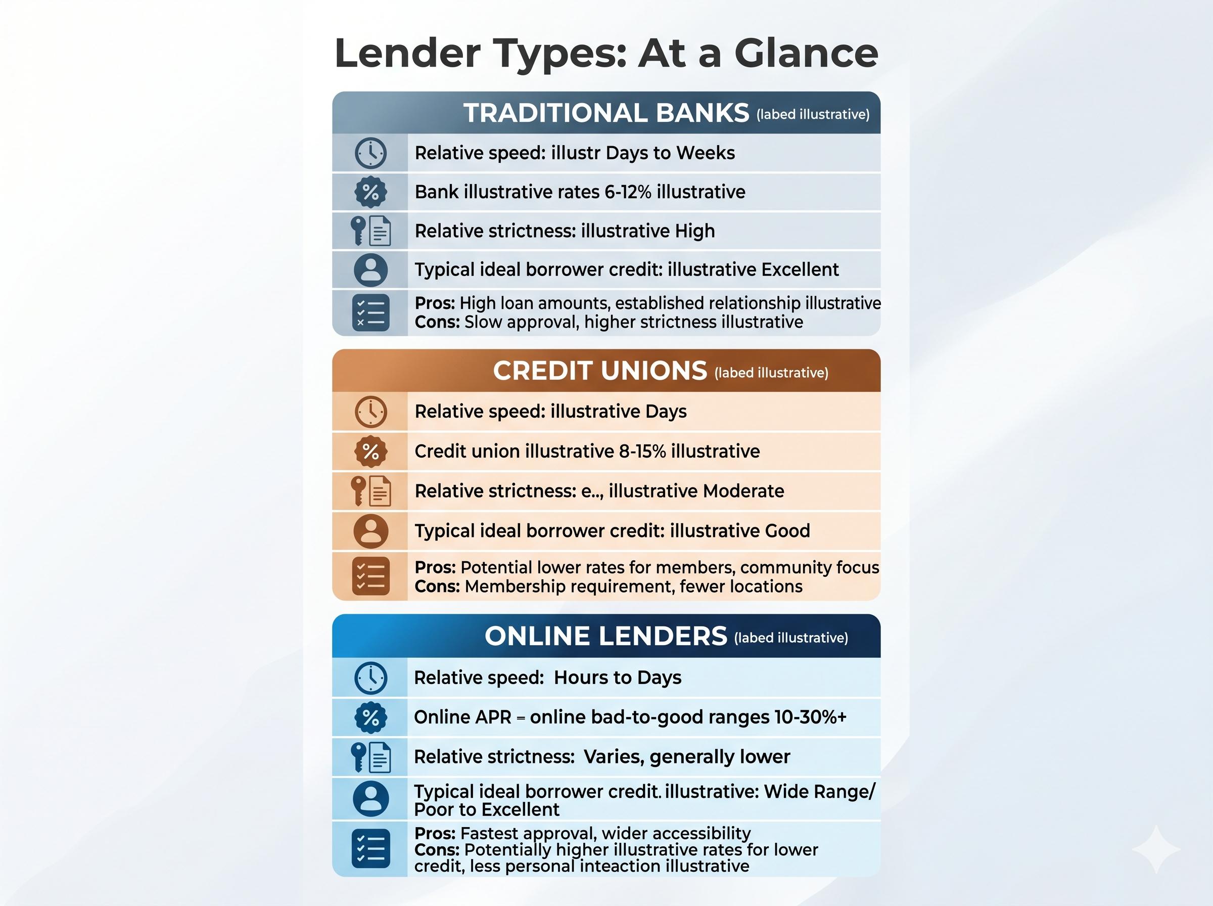Infographic chart comparing general characteristics, speeds, illustrative rates, and ideal credit for banks, credit unions, and online lenders.