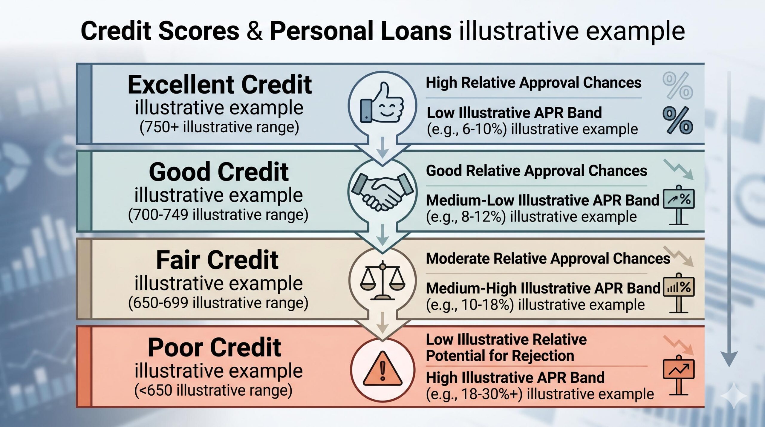Infographic chart correlating illustrative credit score ranges, illustrative interest rates, and approval odds, demonstrating general credit impact.