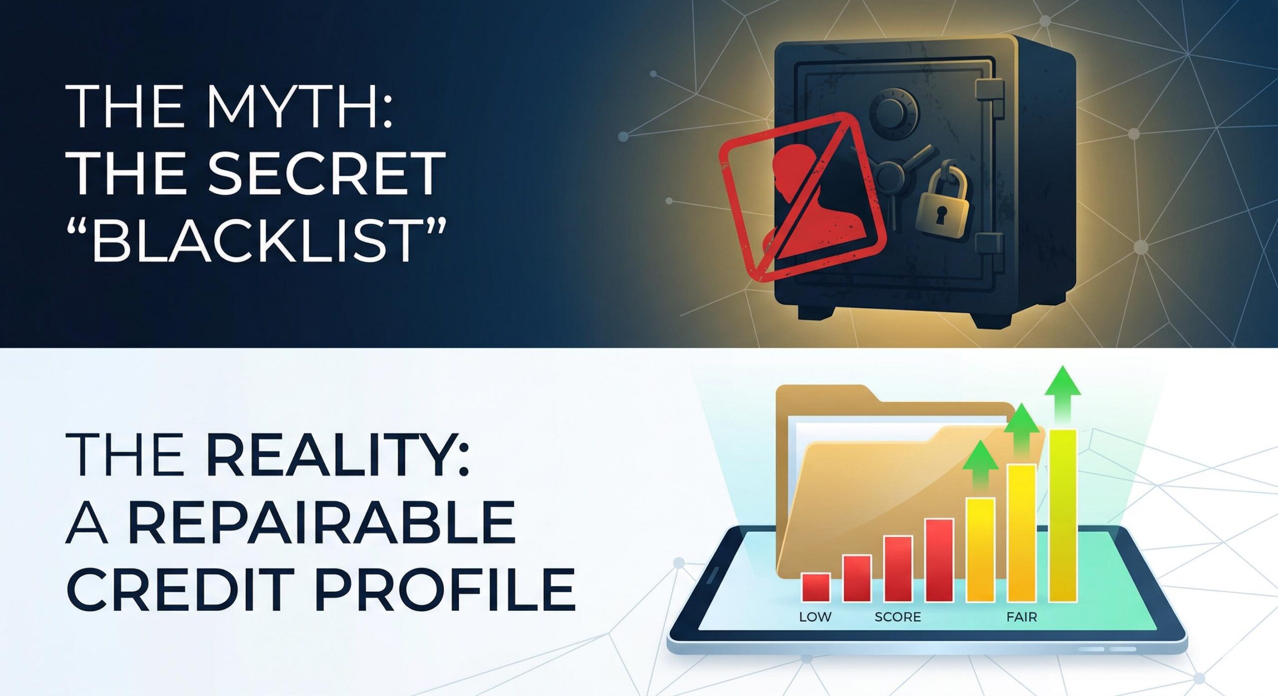 Infographic comparing 'blacklist myth' vs 'repairable credit profile'.