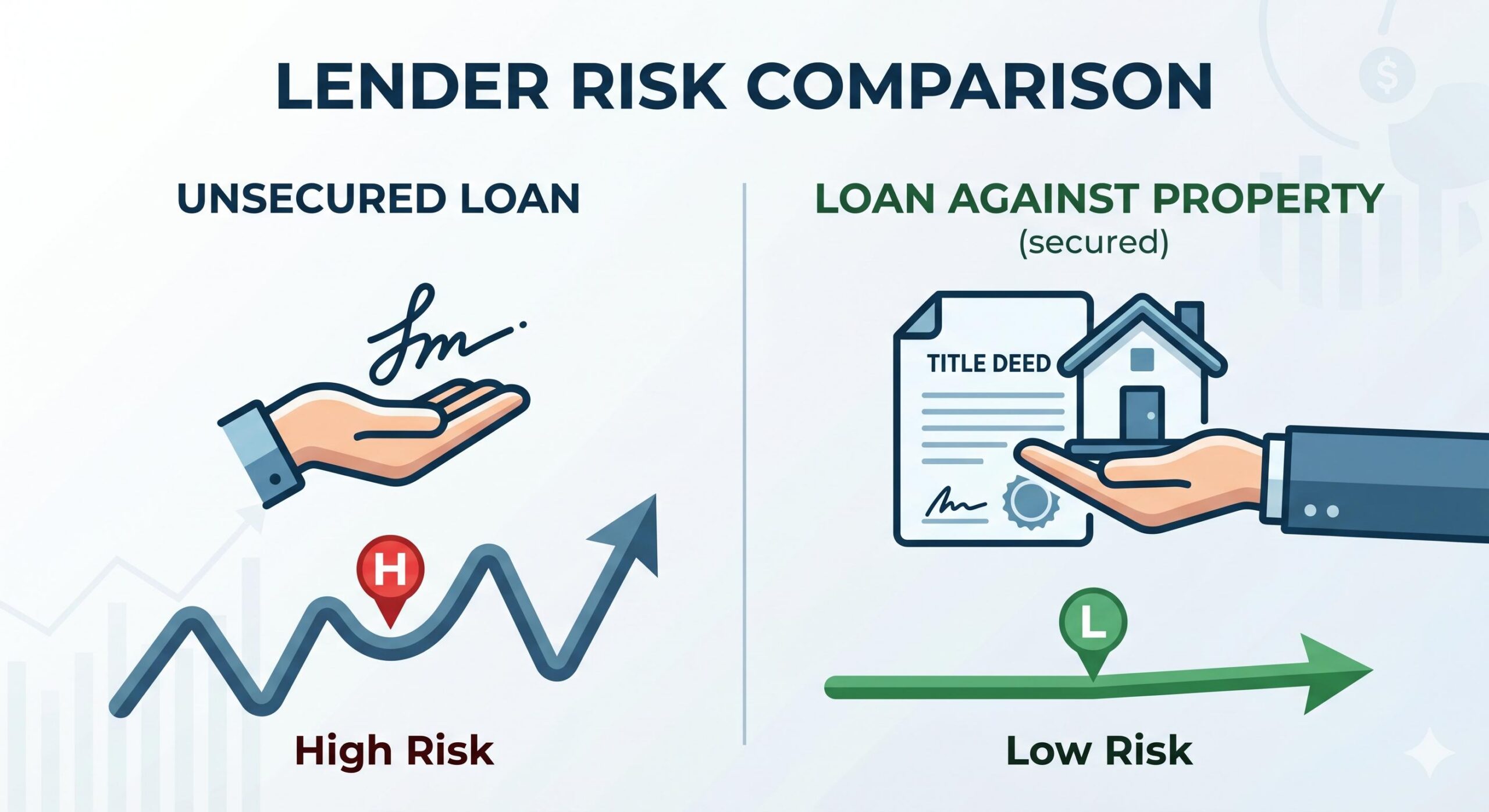 Infographic comparing secured property loans to unsecured personal loans risk.