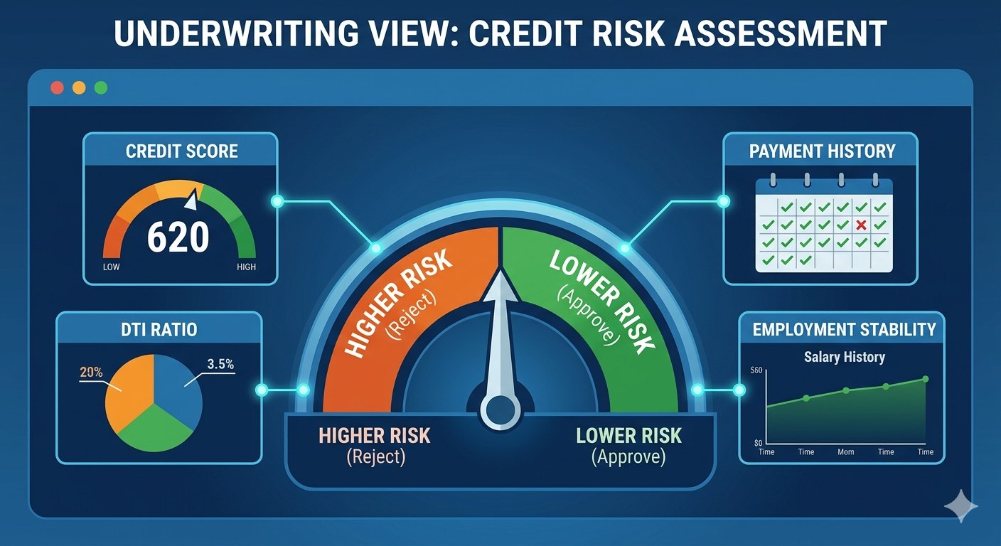Infographic explaining how lenders assess credit risk using credit score, debt-to-income (DTI) ratio, and payment history.