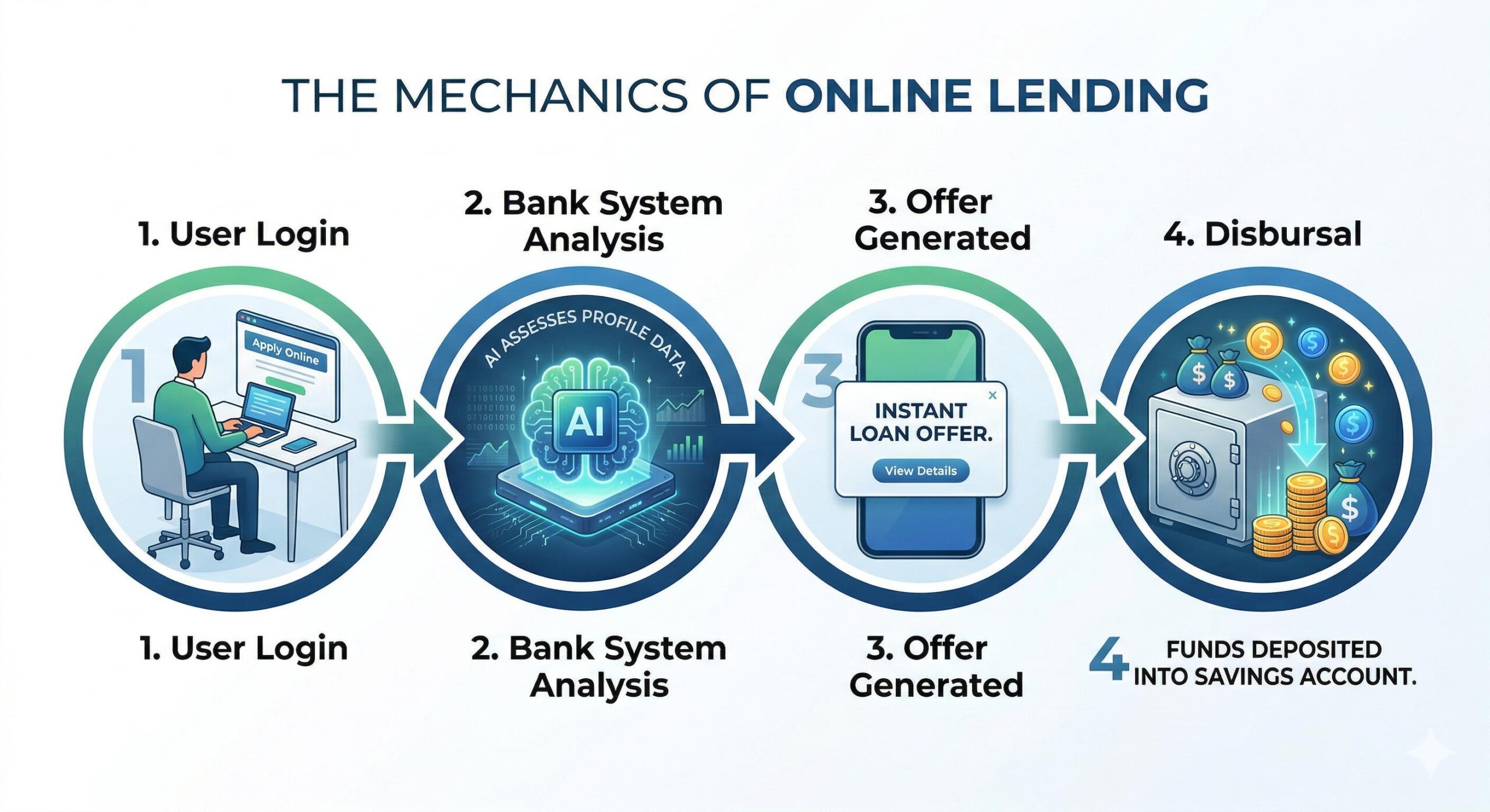 Infographic illustrating the step-by-step process of a digital bank loan.