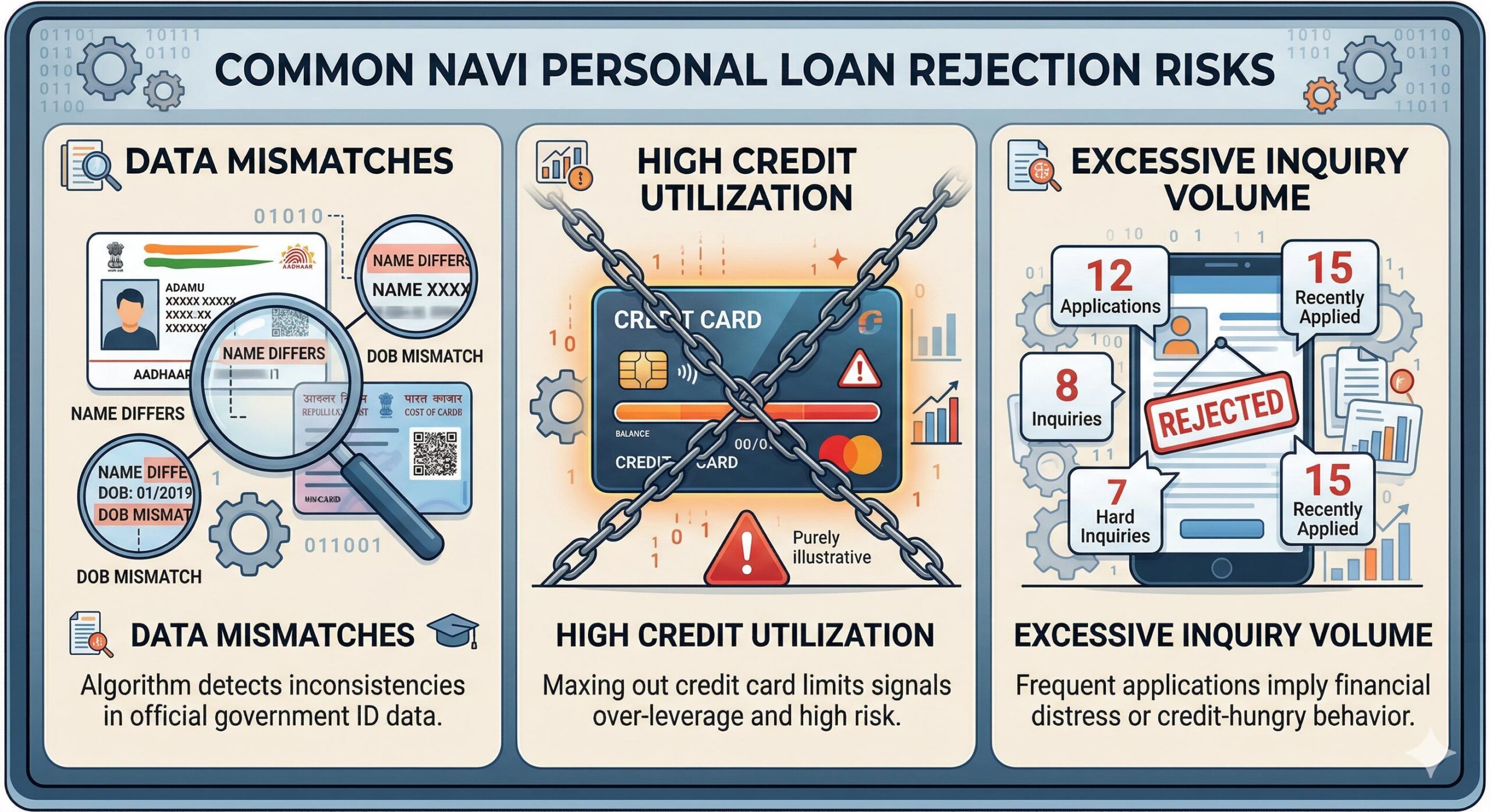 Infographic listing common automated loan application rejection reasons.