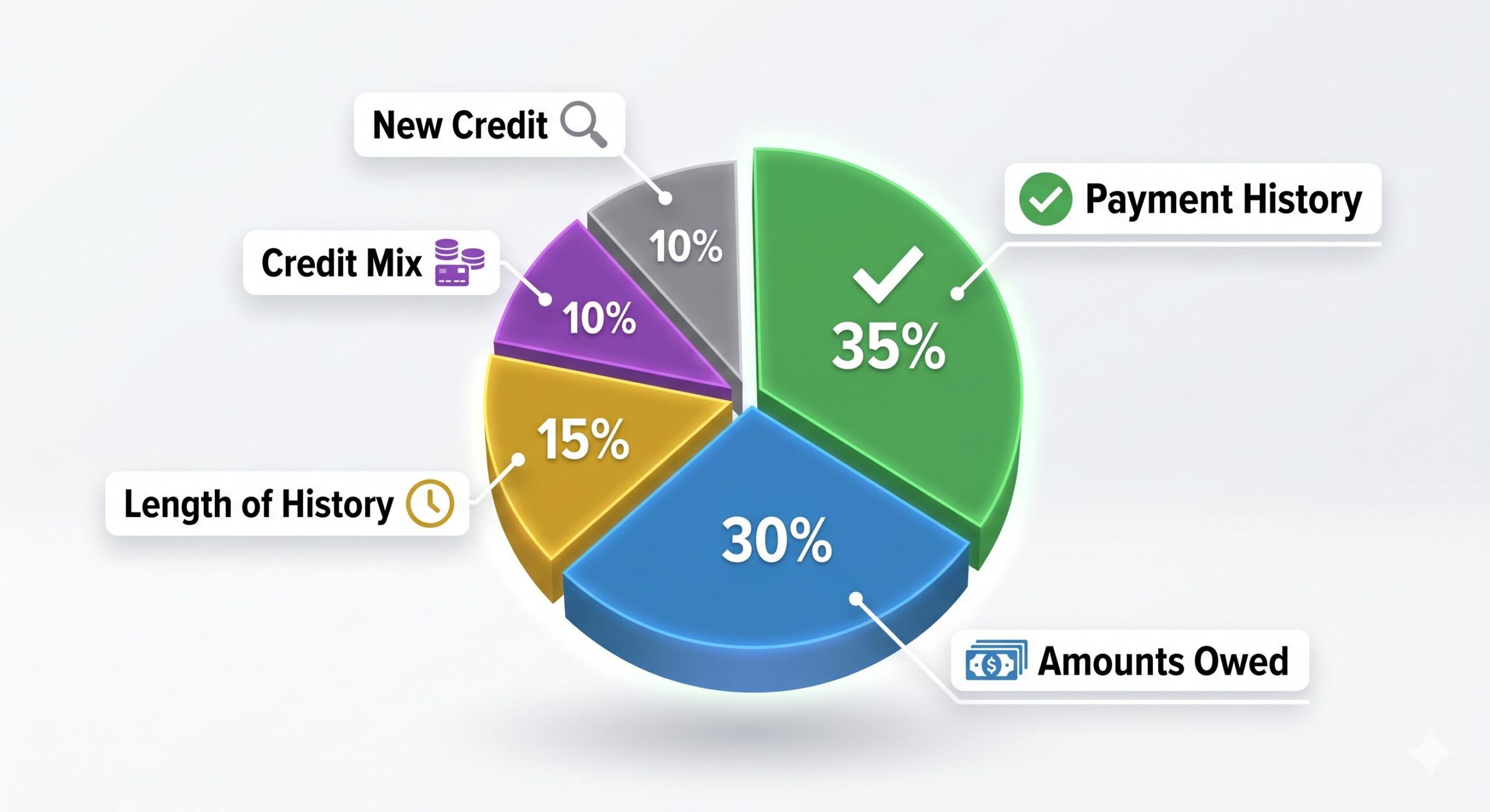 Infographic pie chart showing the five components that determine a credit score calculation.