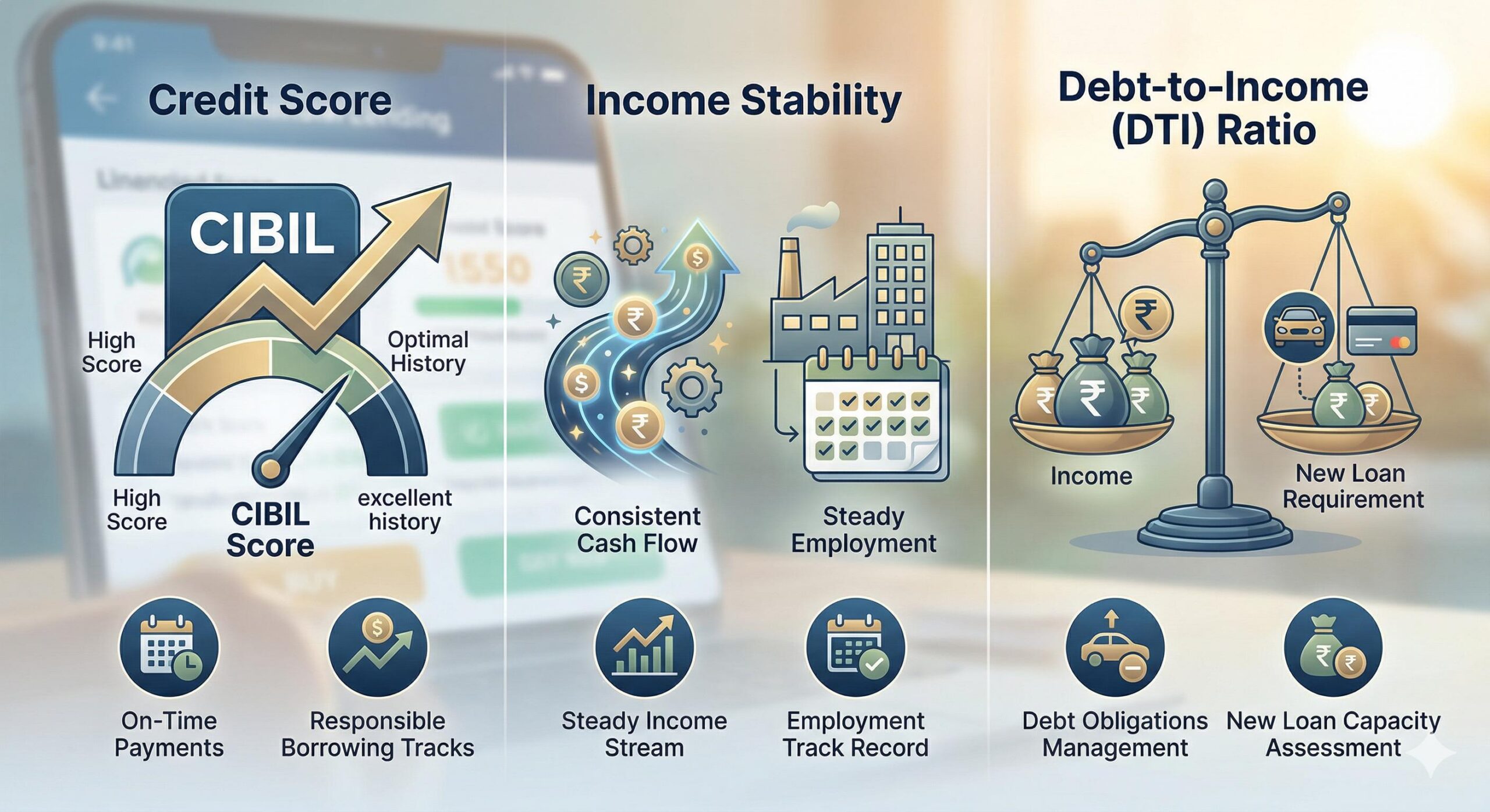 Infographic visualization of factors influencing loan eligibility and rates.