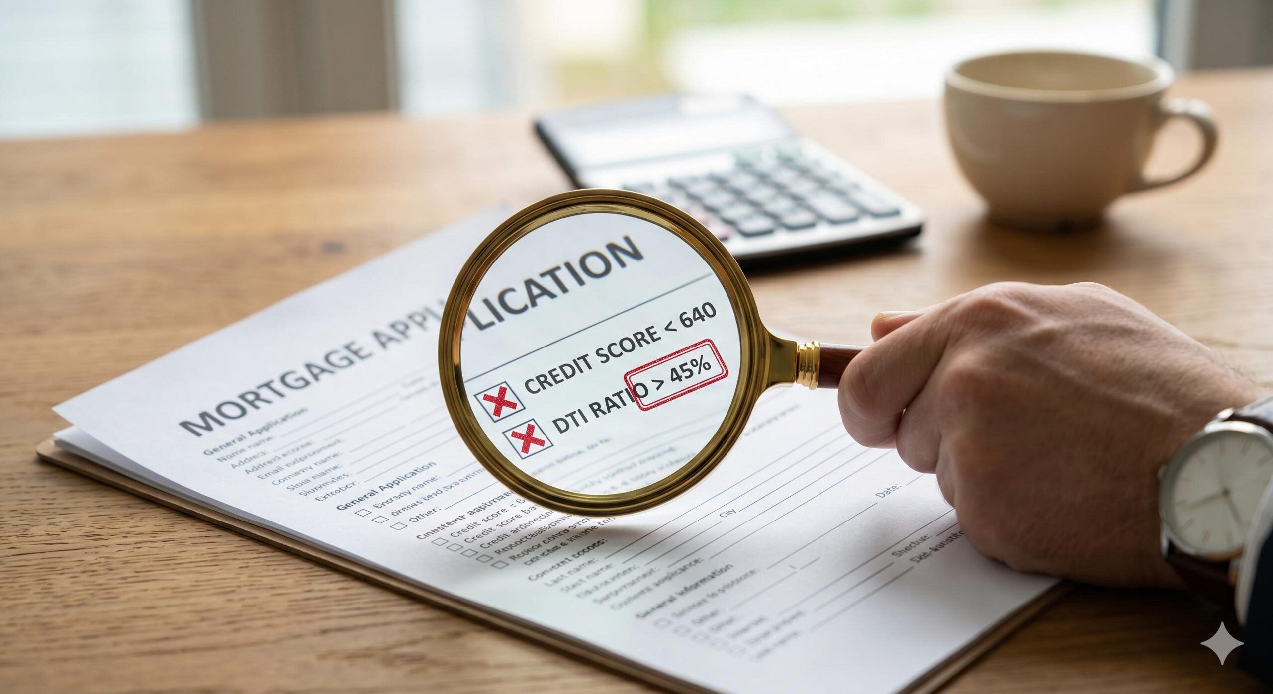 Magnifying glass highlighting rejection factors like low credit and high DTI on a mortgage application.