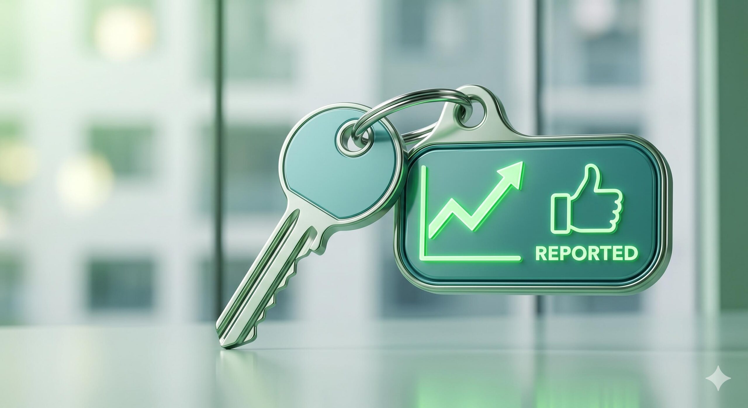 Modern 3D key icon with an upward-trending credit score graph symbolizing rent payments reported to credit bureaus (1)