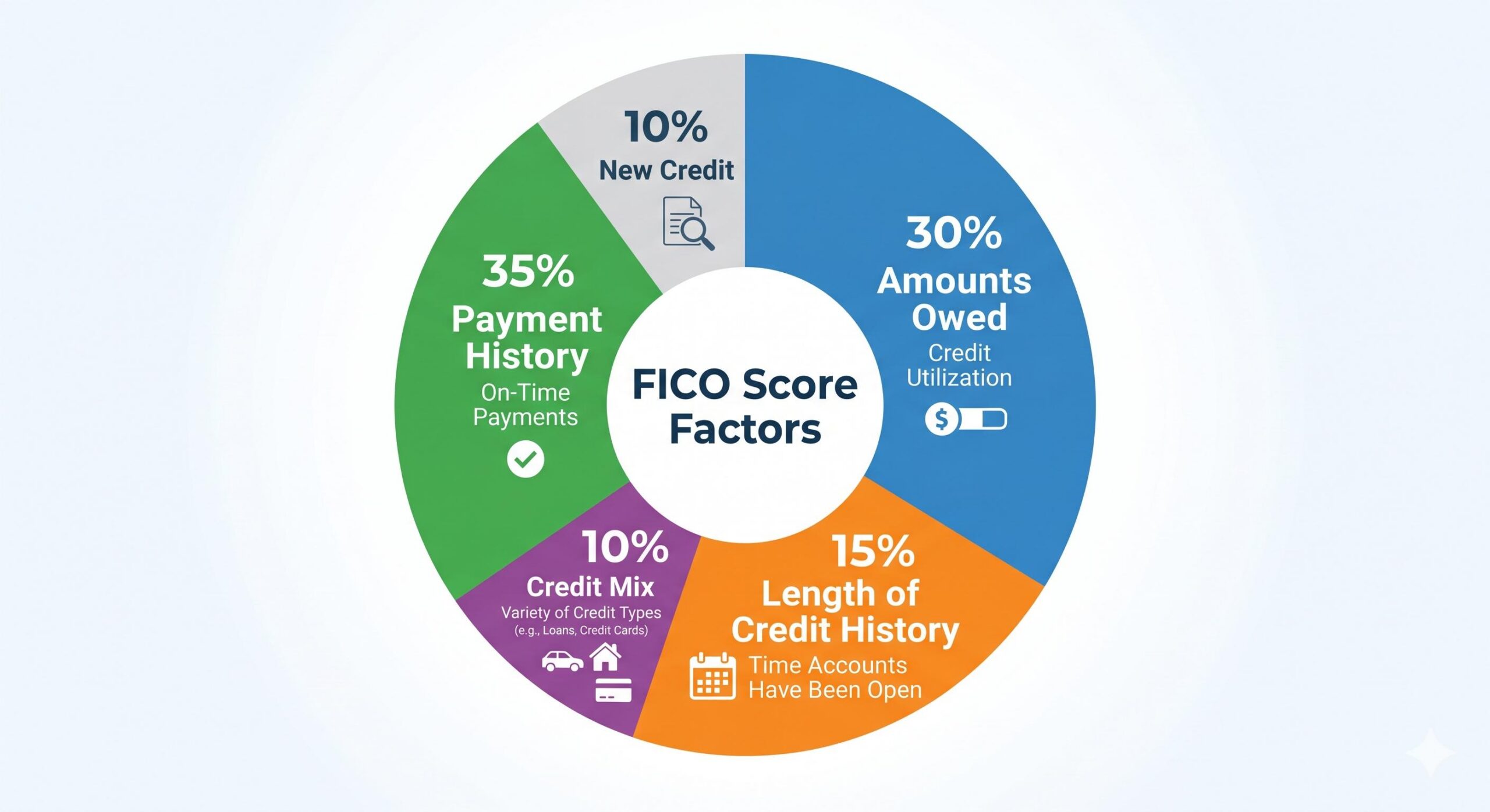 Modern infographic pie chart detailing the five FICO score factors_ Payment History, Amounts Owed, and History Length.