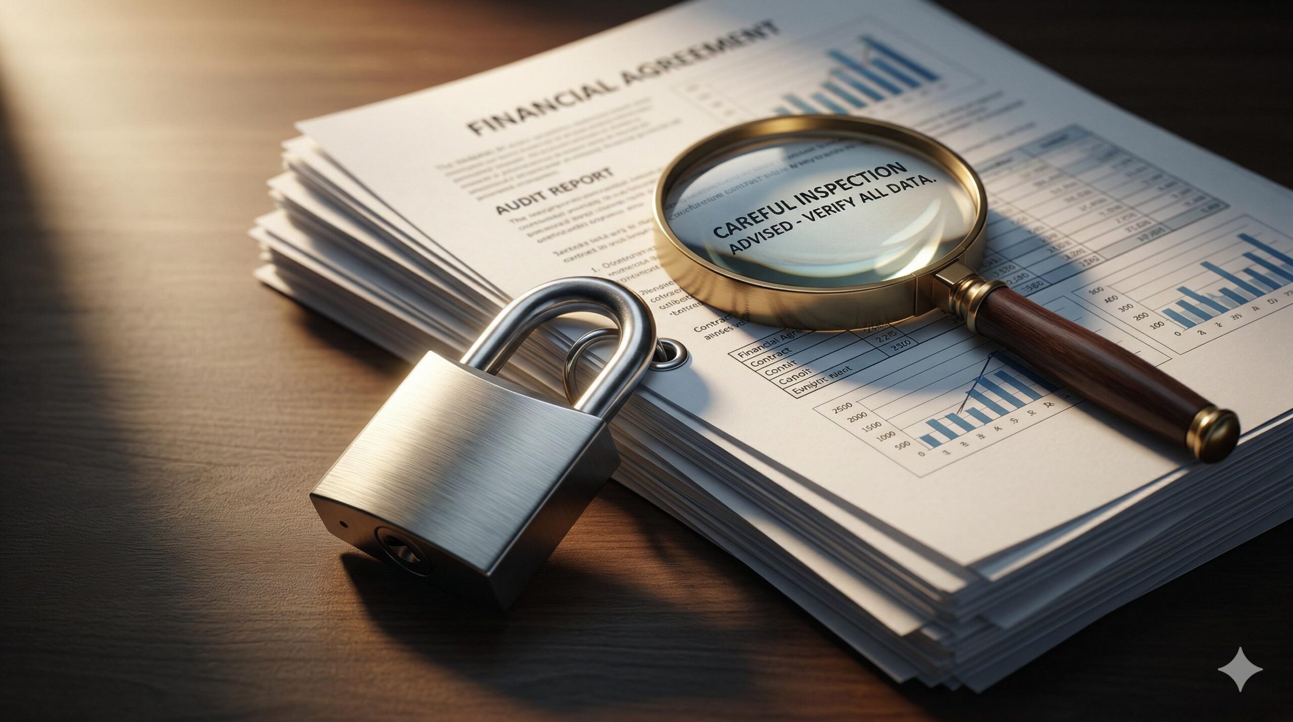 Padlock and magnifying glass on top of financial documents representing fraud prevention.