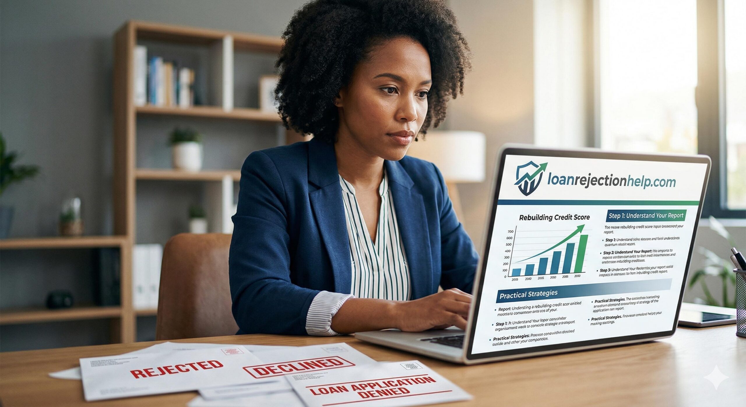 Person finding credit guidance on a laptop after rejections.