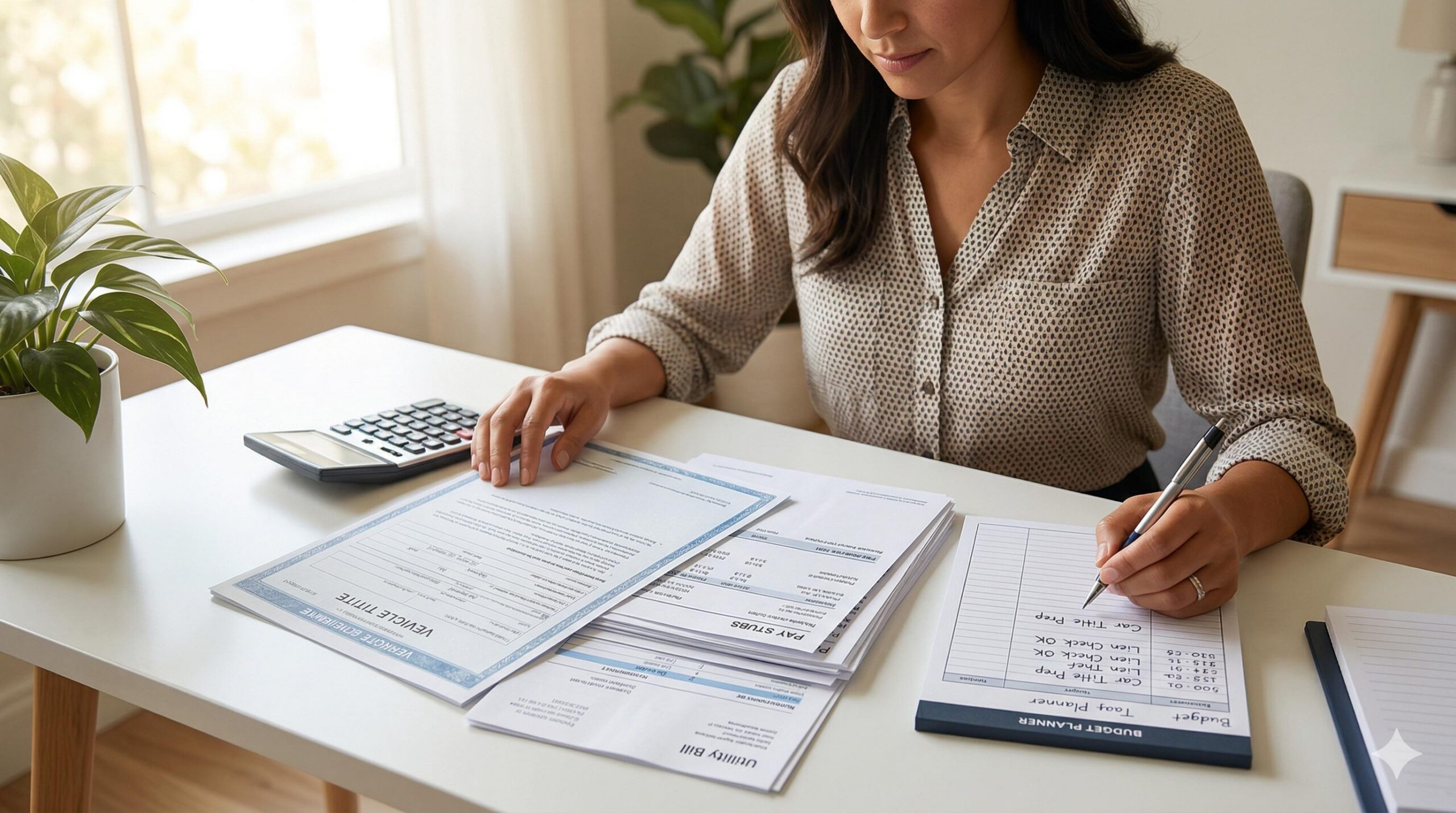 Person sitting at a desk organizing documents like vehicle title and income proof.