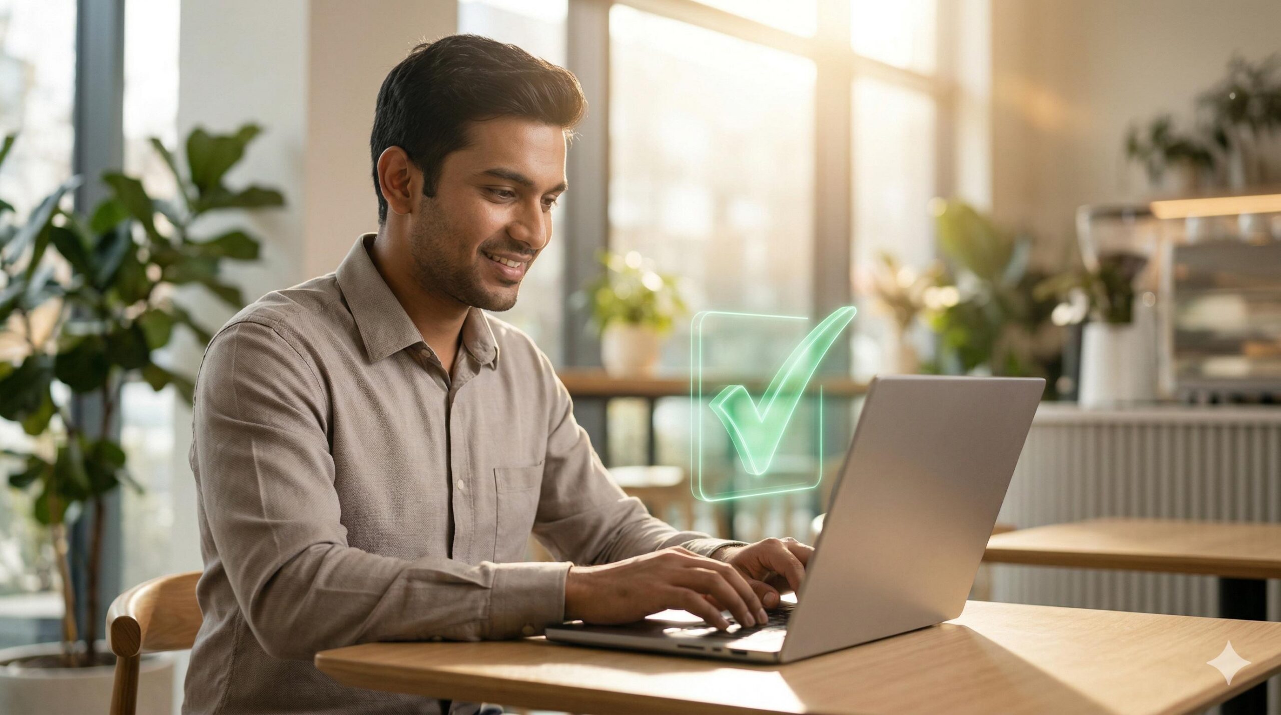 Professional smiling while using a laptop with a green checkmark symbol.