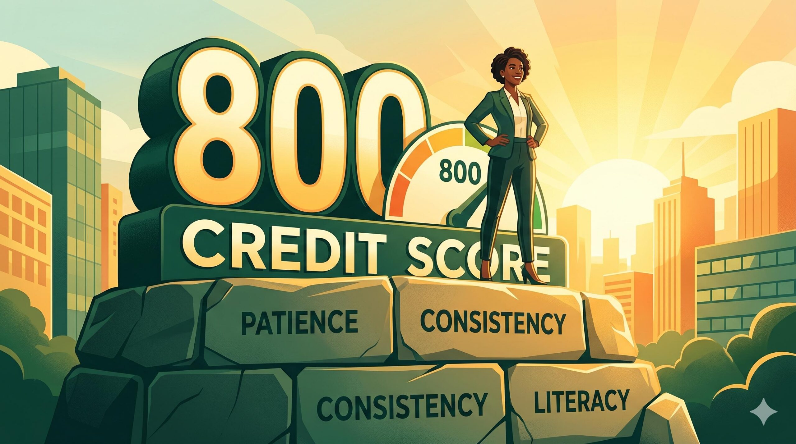 Professional standing confidently on a stable financial foundation labeled 'Consistency' and 'Literacy' with an 800 credit score.