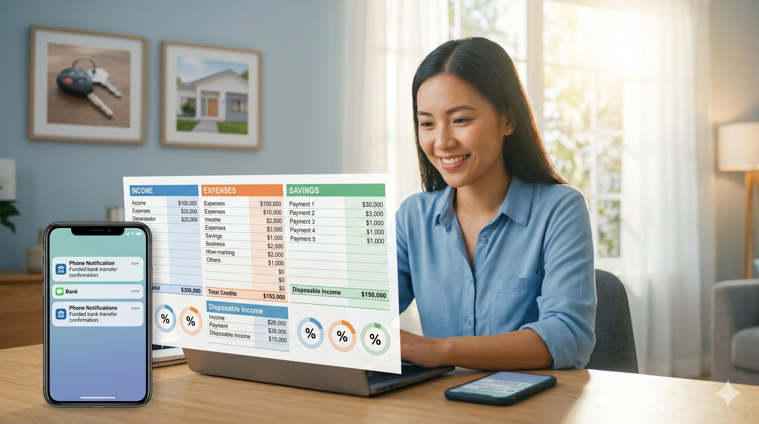 Responsible borrower confidently viewing their funded sensible compact goal and budget planner, illustrating financial literacy success without income promises