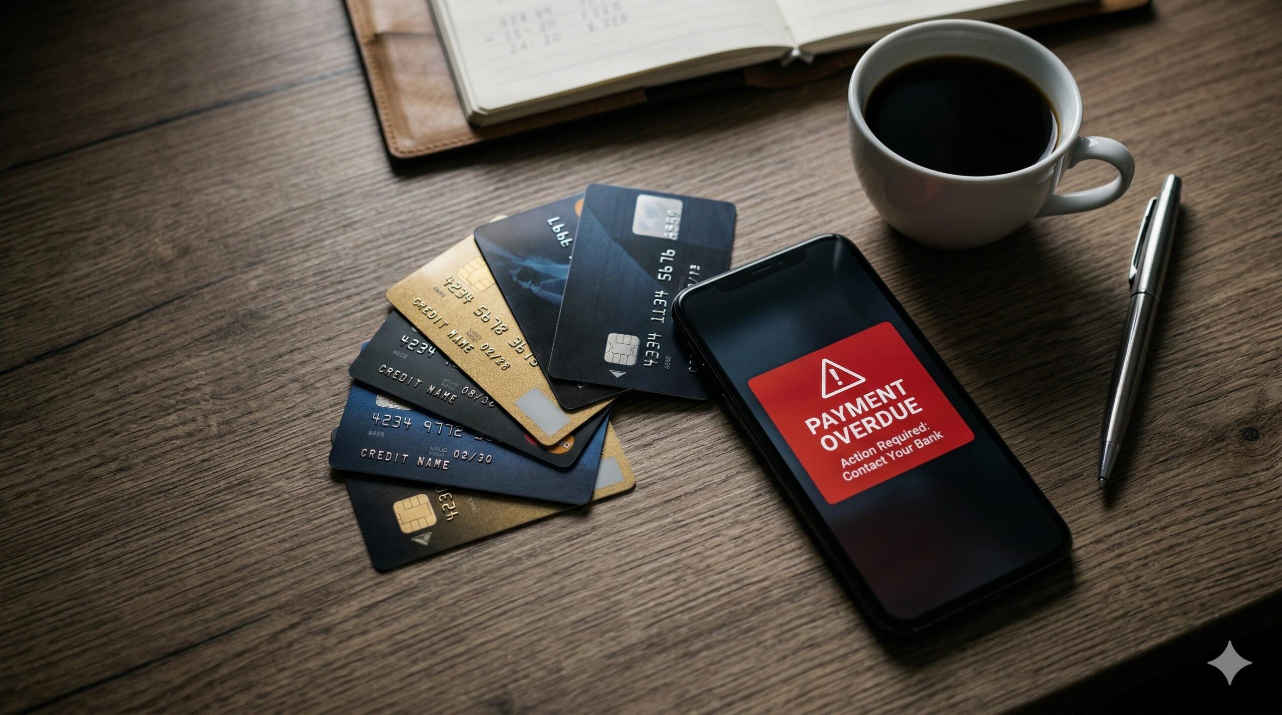 Smartphone showing overdue notification next to scattered credit cards on a desk.
