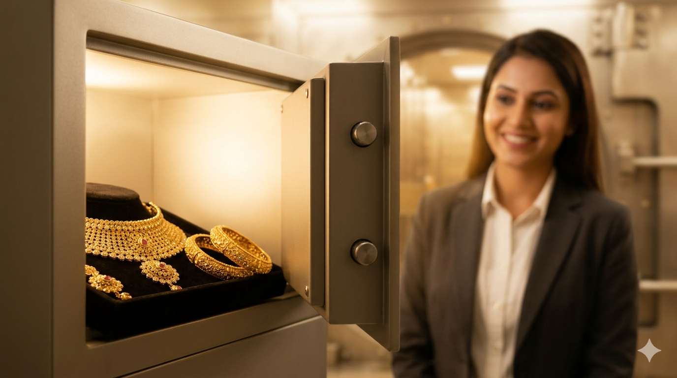Traditional 22k Indian gold jewelry revealed inside an opening bank safe deposit box, symbolizing secured lending.