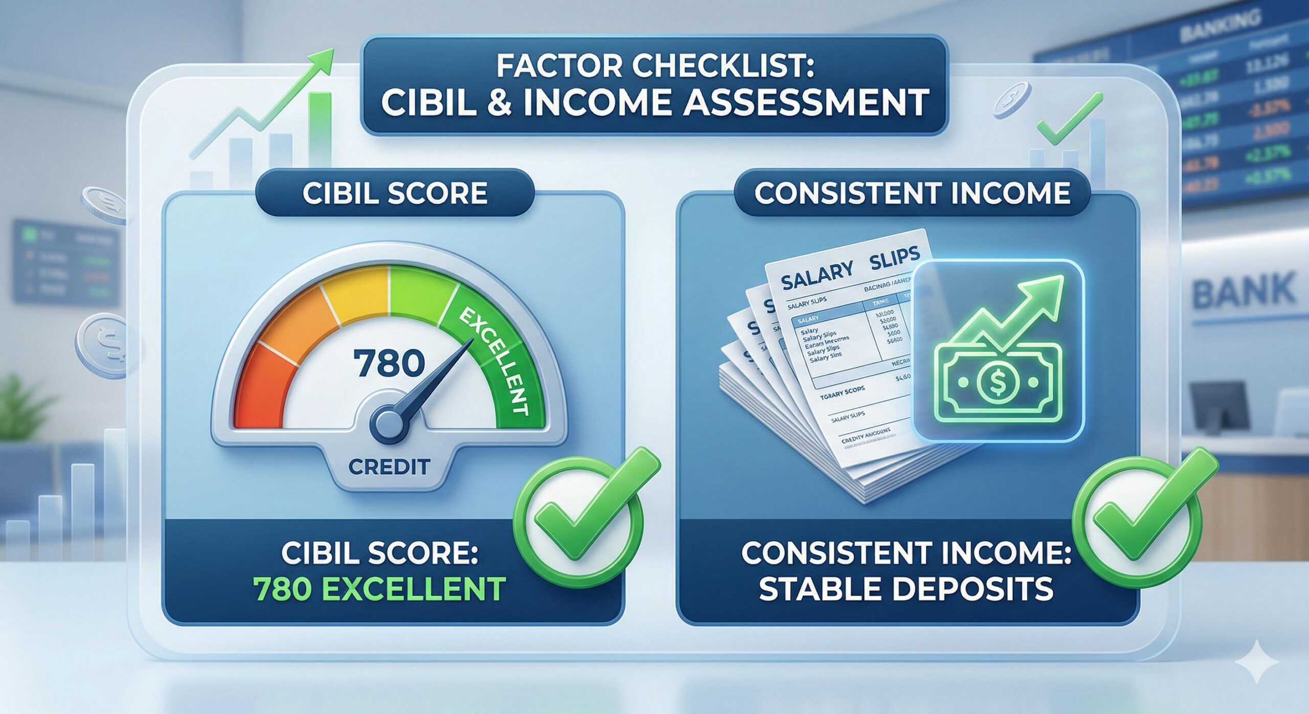 Visual checklist showing a high CIBIL score and stable income.