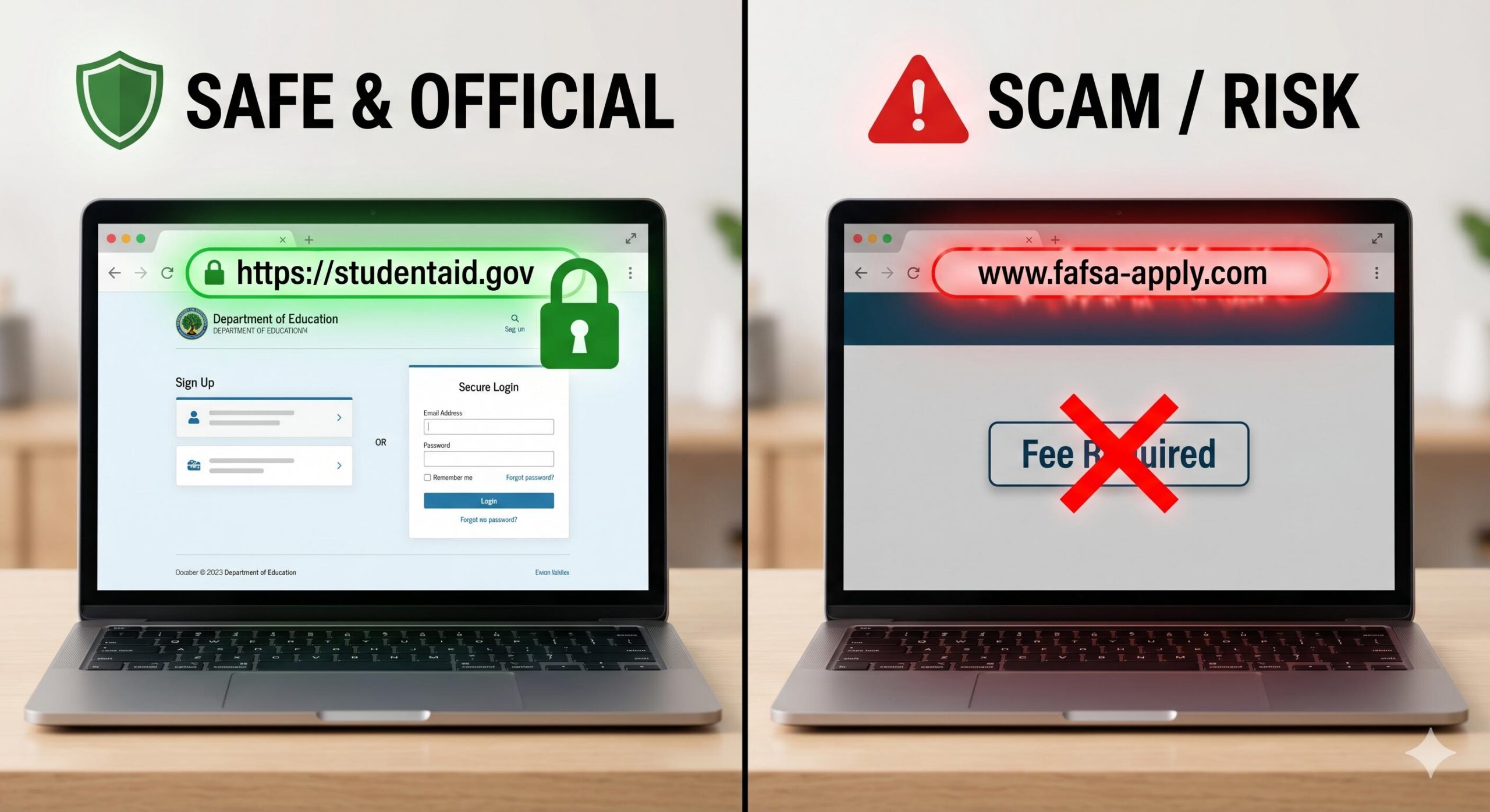 Visual comparison showing the safe .gov URL and padlock versus a fraudulent look-alike website URL.