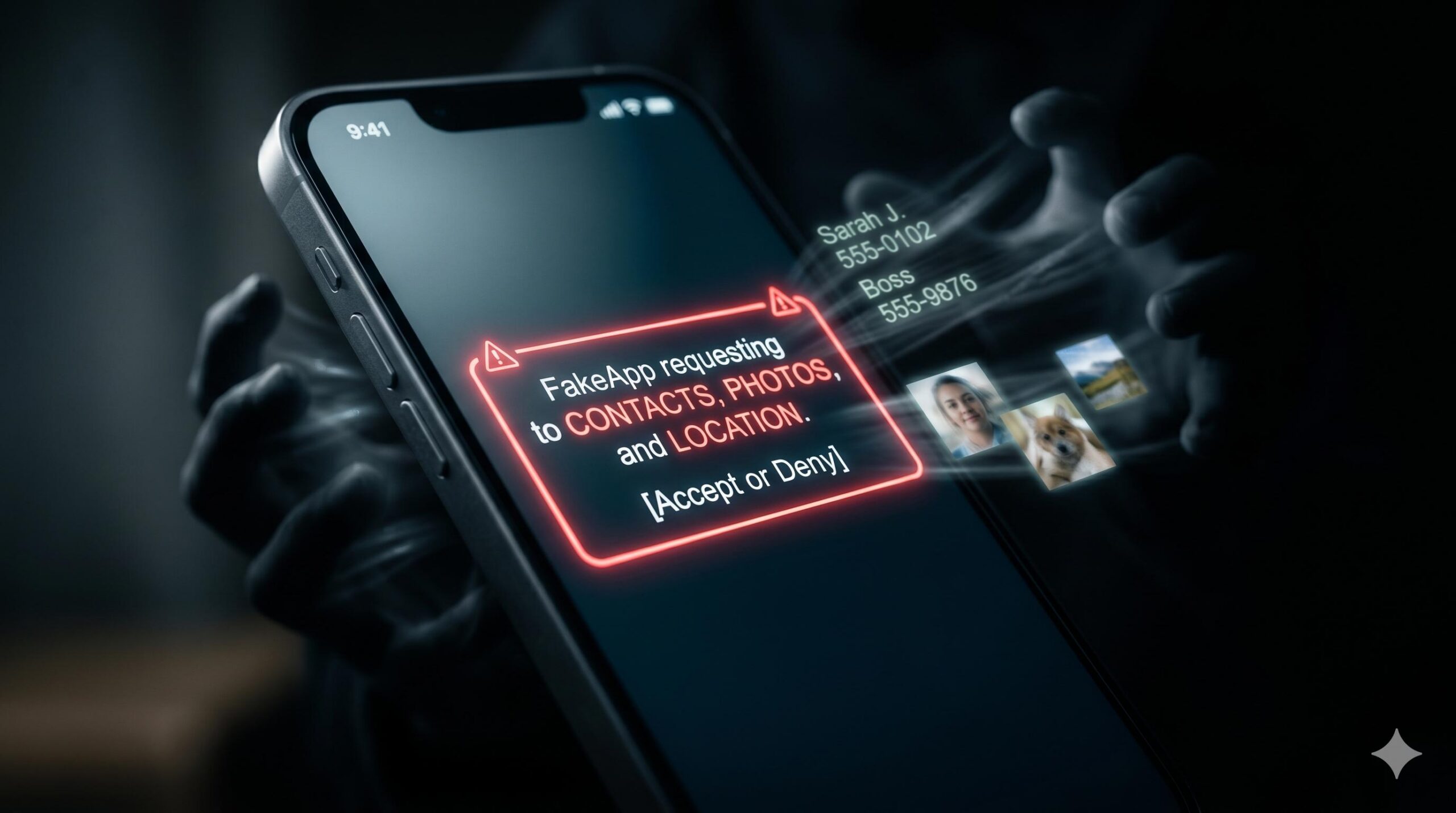 Visualization of a fake app stealing personal phone data and contact lists.