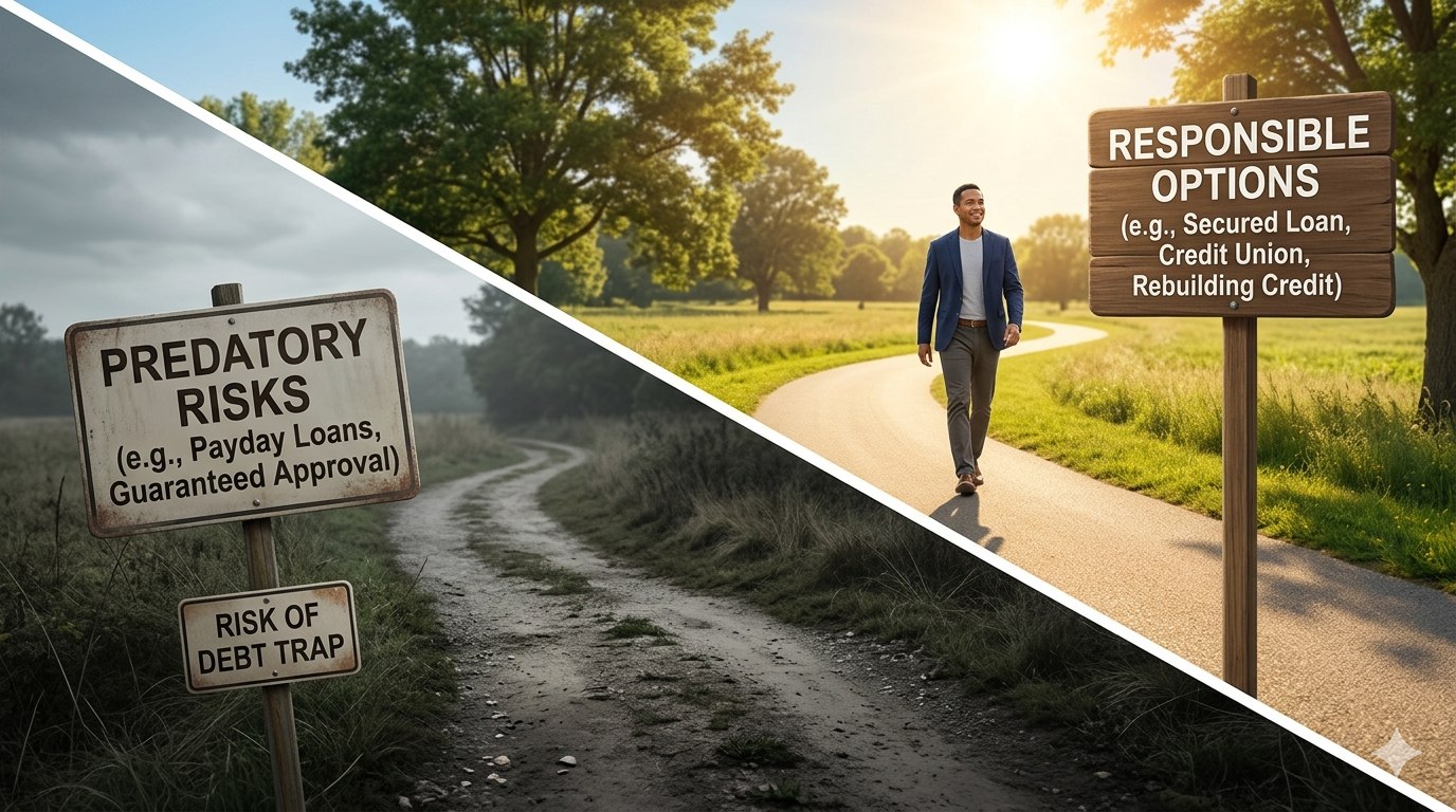 illustrating the clear choice between responsible paths like rebuilding credit versus the risks of predatory payday lending.