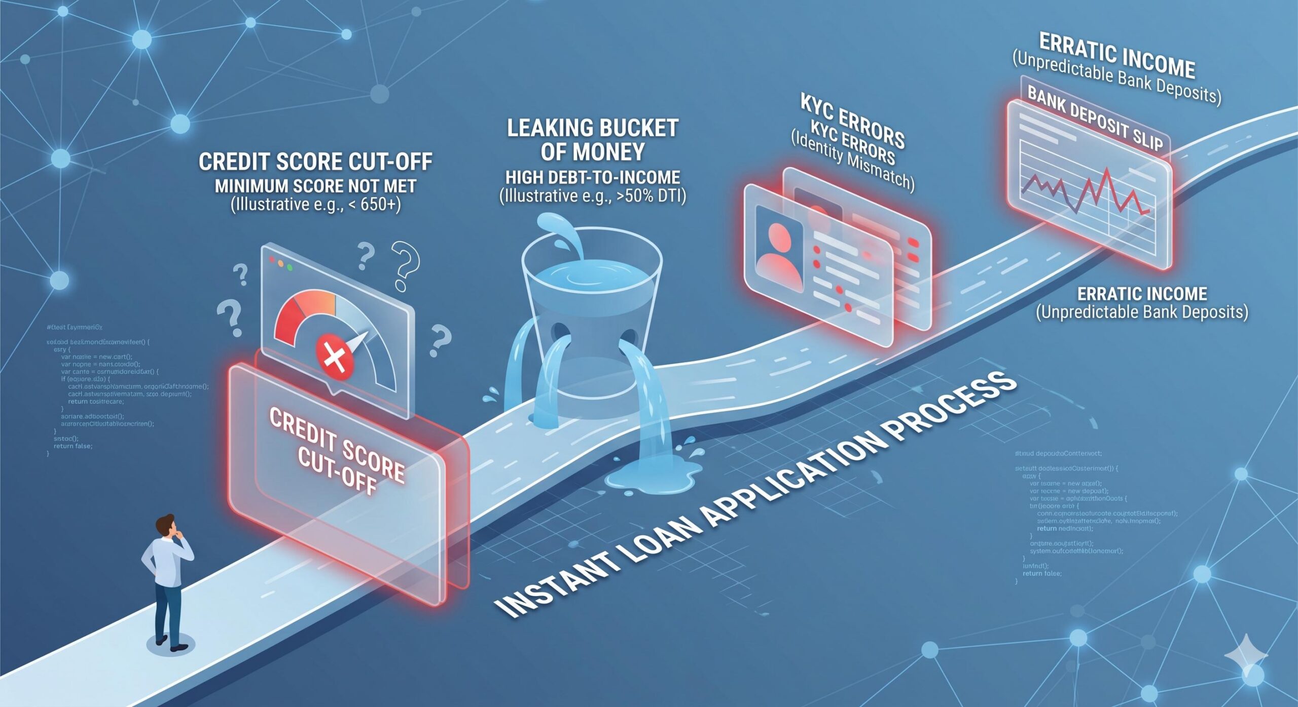 professional, informative.Graphic illustrating automated roadblocks in a fast loan application pro