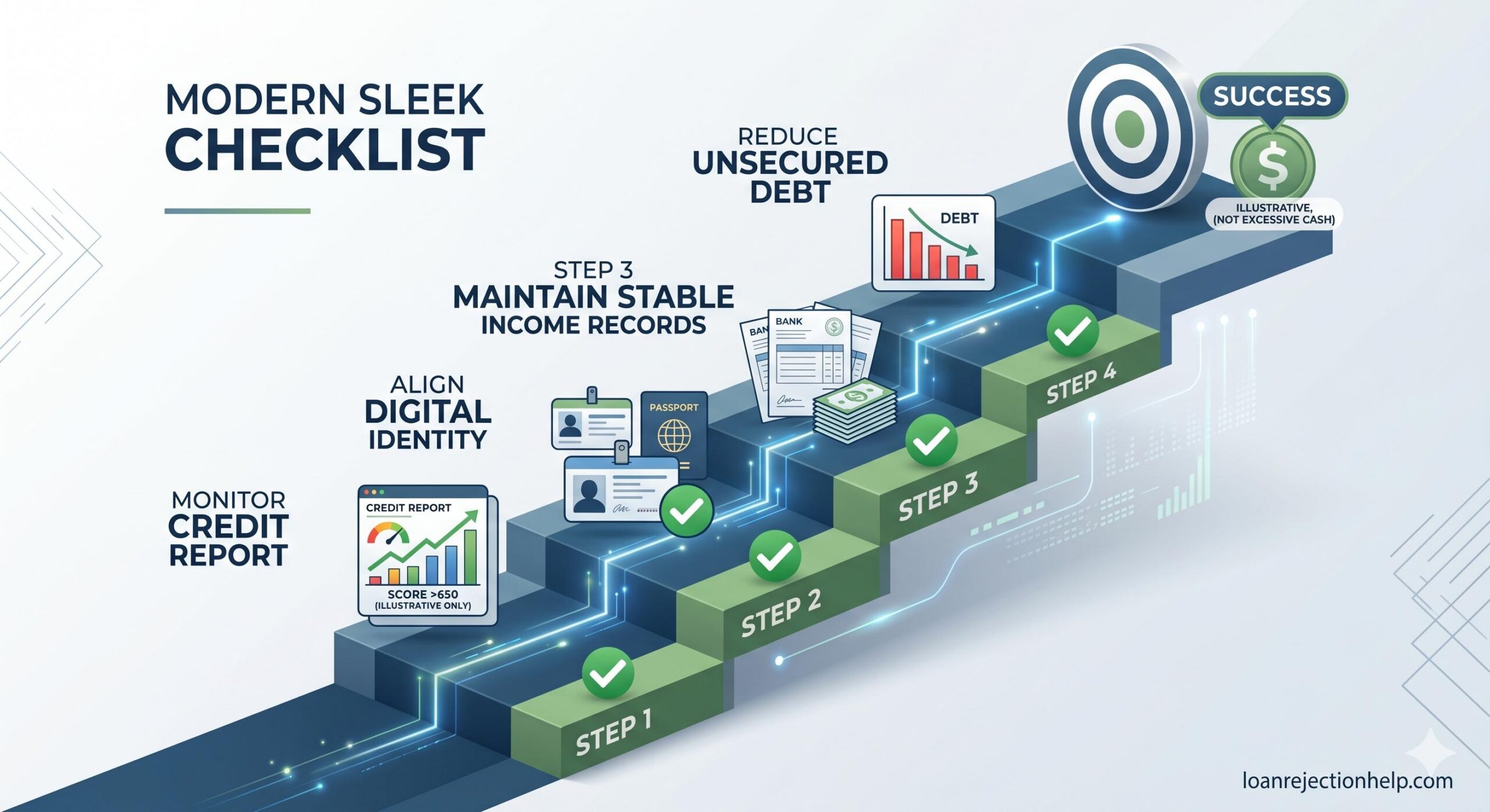 utilizing the deep blue and natural green palette.Staircase infographic showing steps to improve loan approval chances.