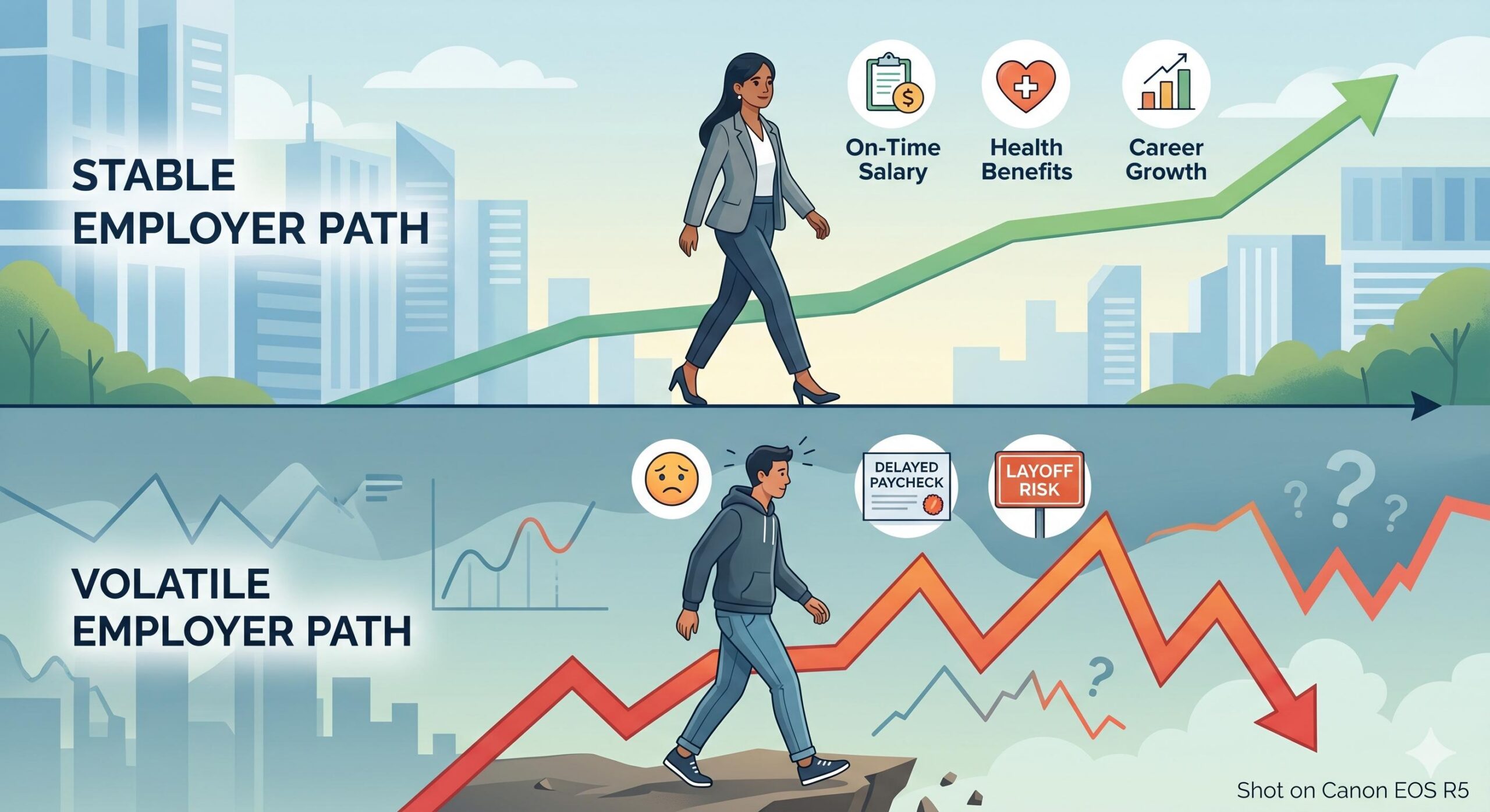 A comparison illustration on a timeline_ one stable professional path showing consistent salary credits and growth vs. a volatile path showing jagged income and layoff risk.