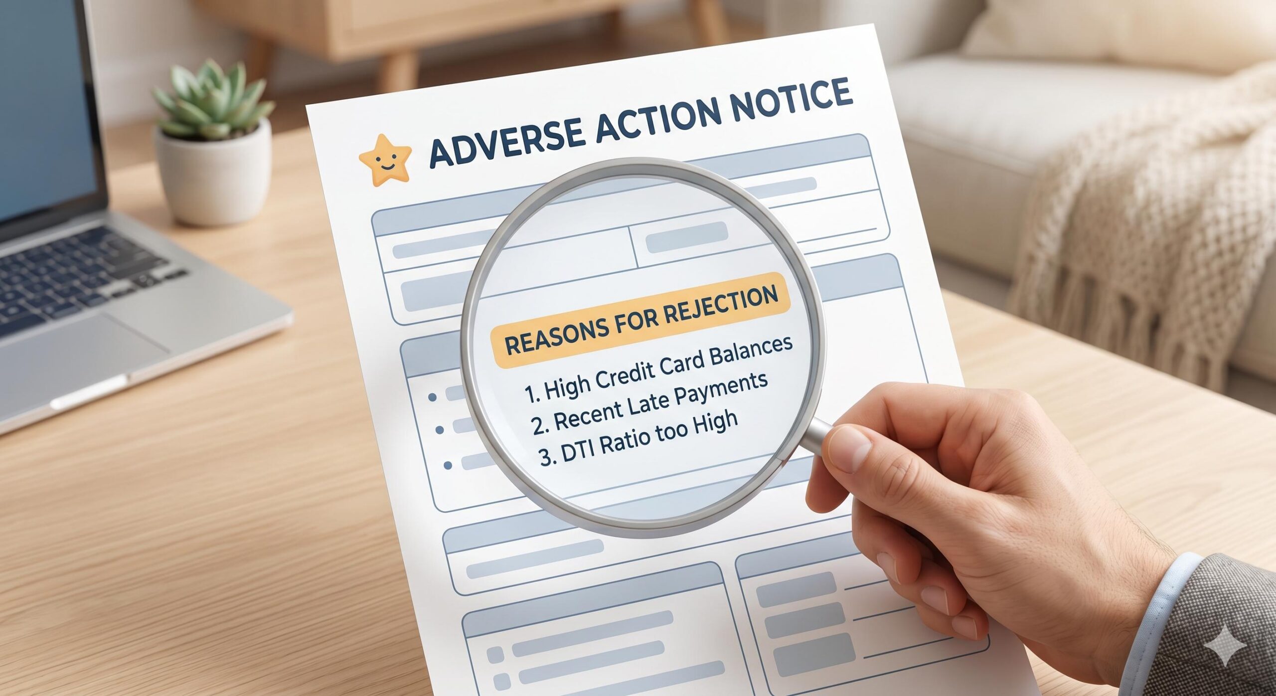 A detailed illustrative close-up of a magnifying glass focusing on the 'REASONS FOR REJECTION' highlighted on an 'ADVERSE ACTION NOTICE' form, emphasizing credit education