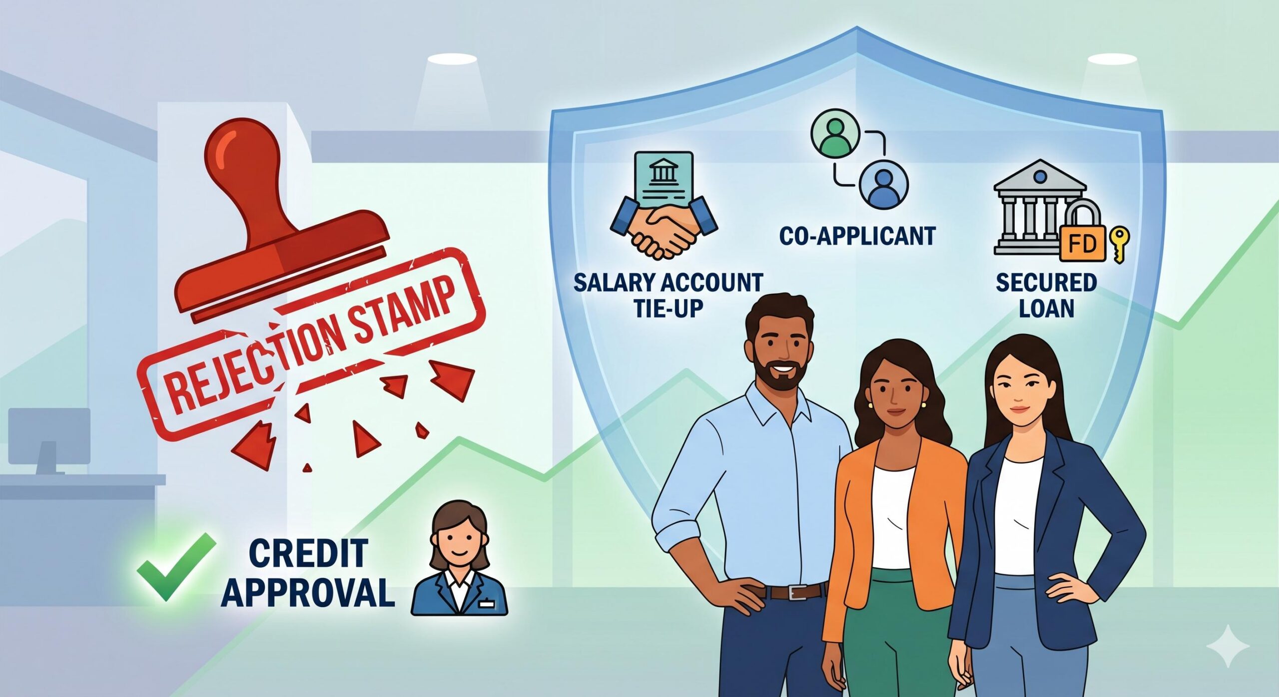 A glowing digital illustration showing a protective shield housing several financial solutions that can overcome loan rejection_ using a salary bank, secured lending, and a co-applicant.