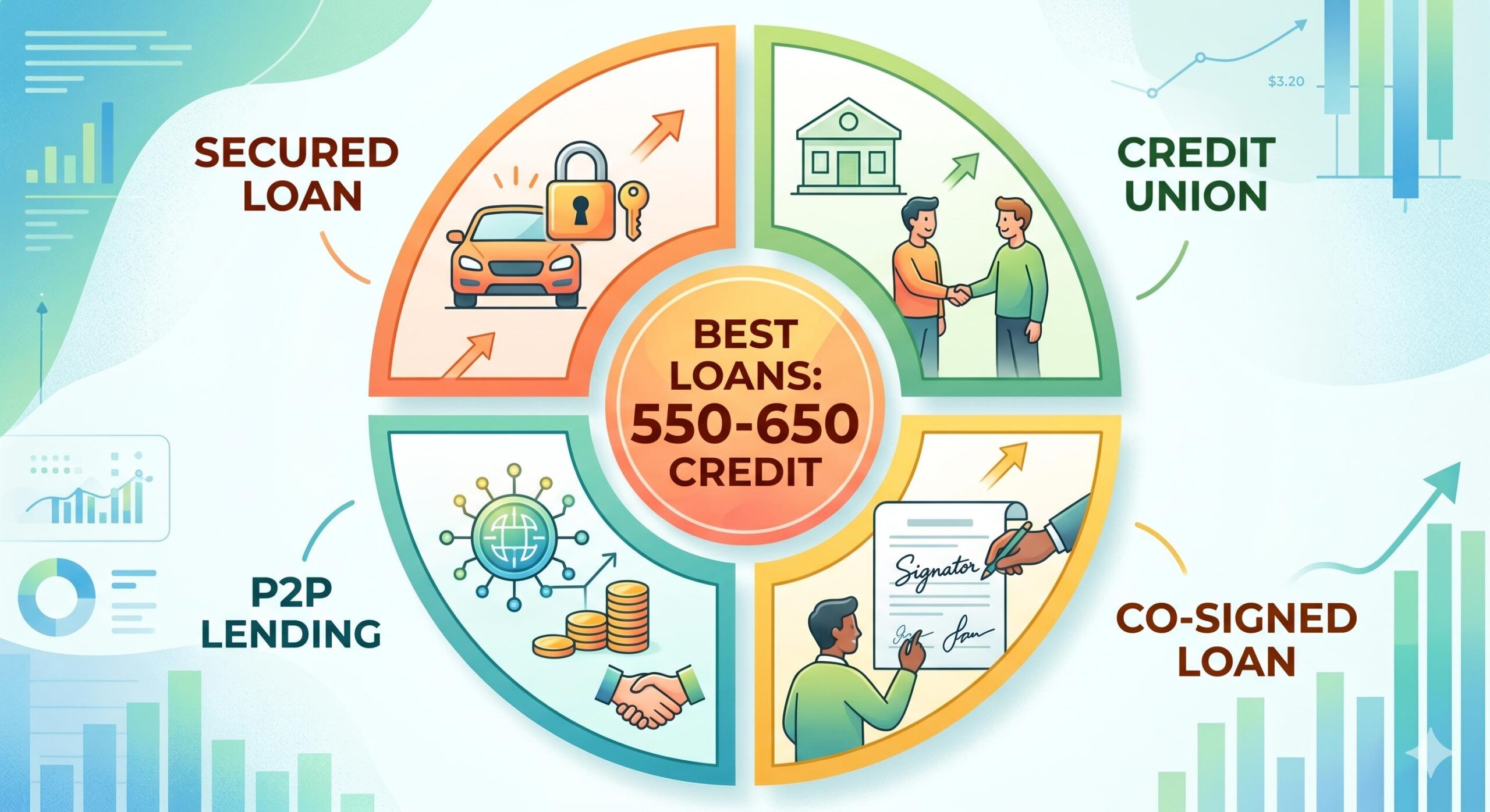 A high-quality digital infographic with four segments showing Secured Loans (Car & Lock), Credit Union Loans (Handshake),