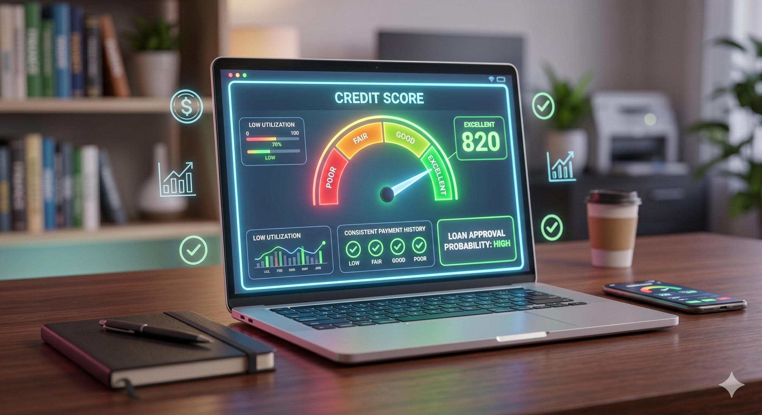 A laptop screen showing an excellent credit score dashboard to prevent loan rejection.