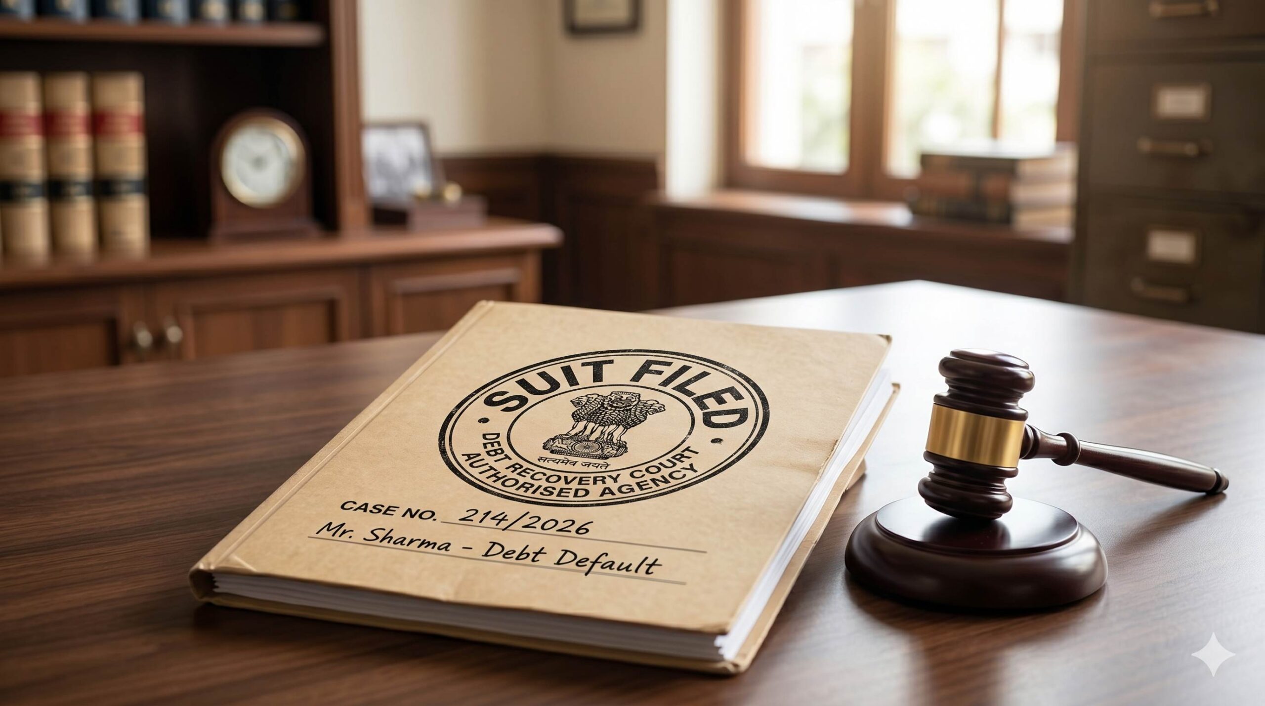 A legal file folder stamped _SUIT FILED_ resting on a desk.