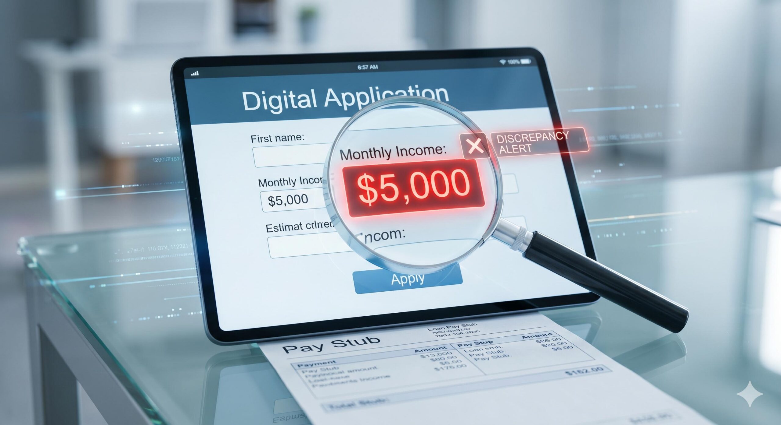 A magnifying glass showing data discrepancies on a digital loan application form.