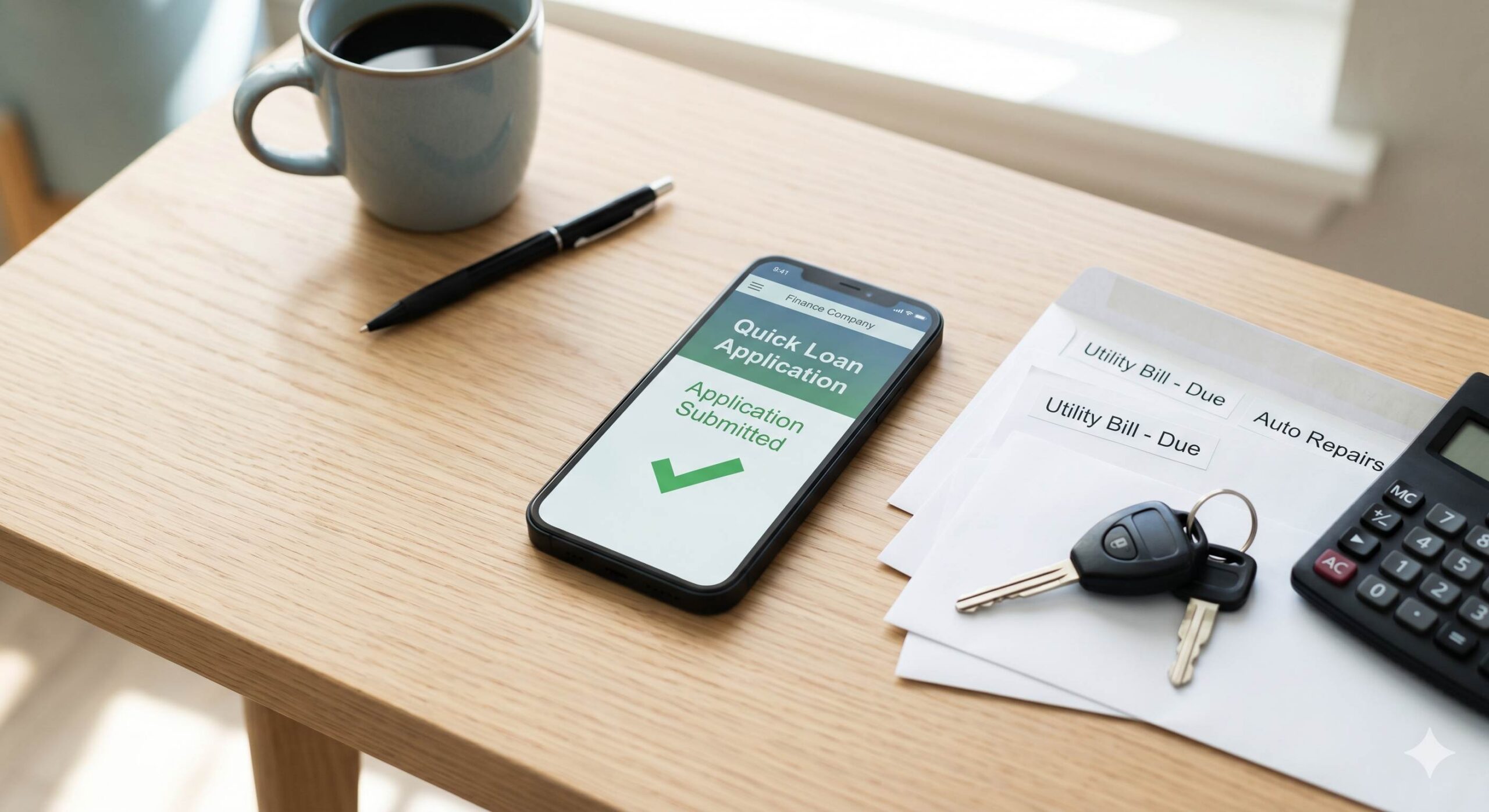 A smartphone showing a completed digital loan application on a desk with unpaid bills and car keys.