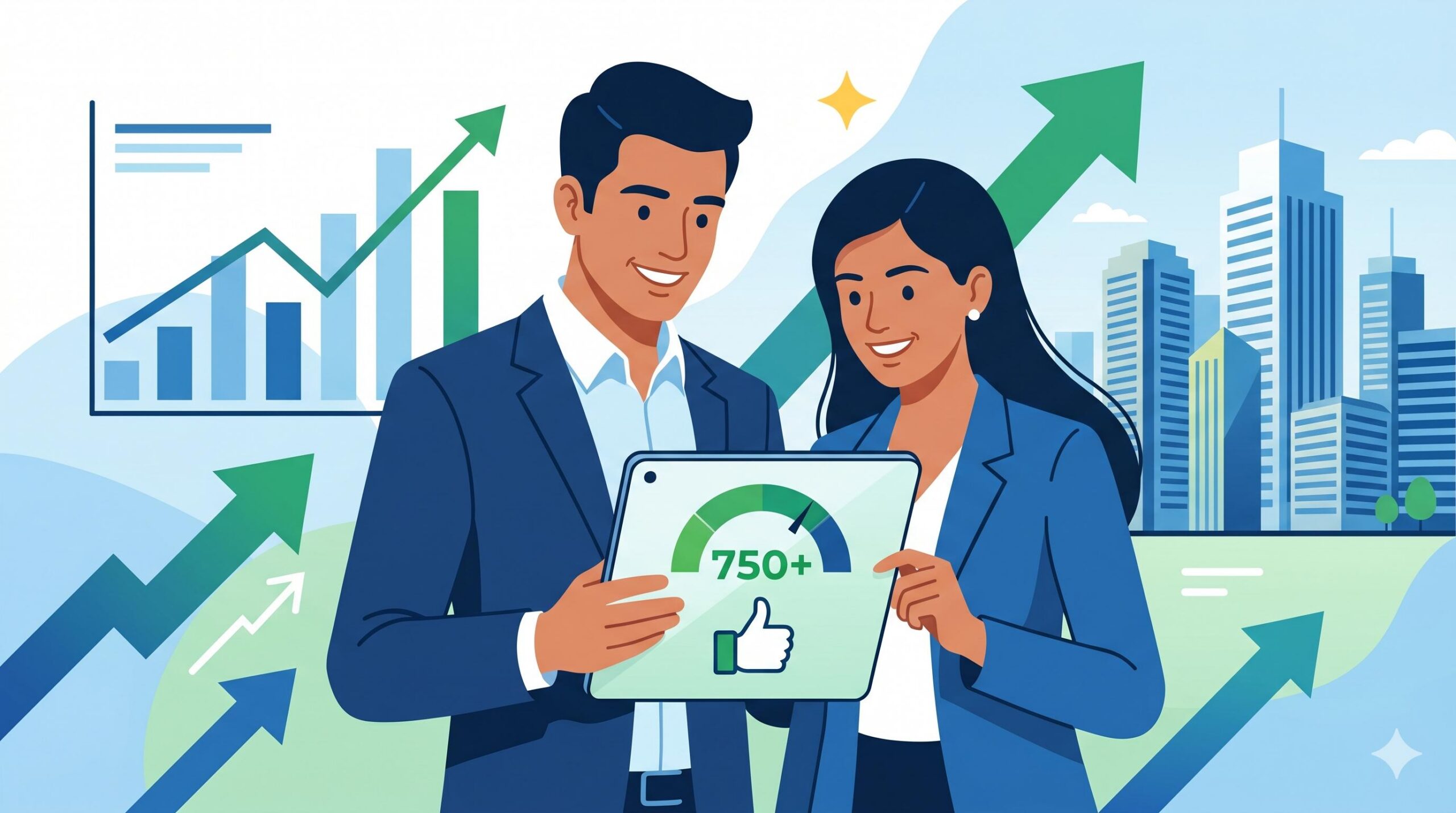 A smiling couple viewing a high CIBIL score on a tablet, representing financial confidence.