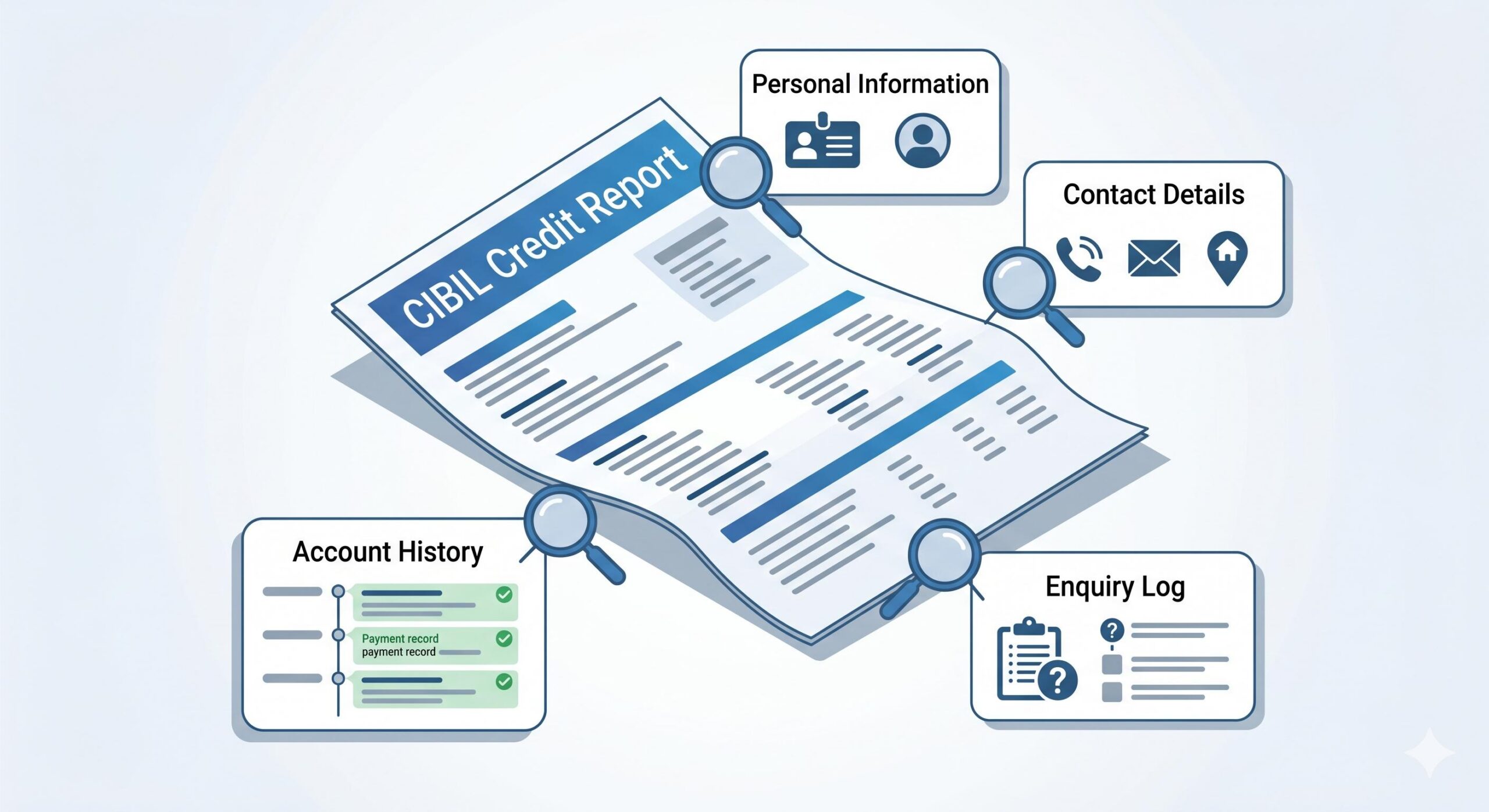 A stylized CIBIL report document with highlighted sections for personal details, accounts, and inquiries.