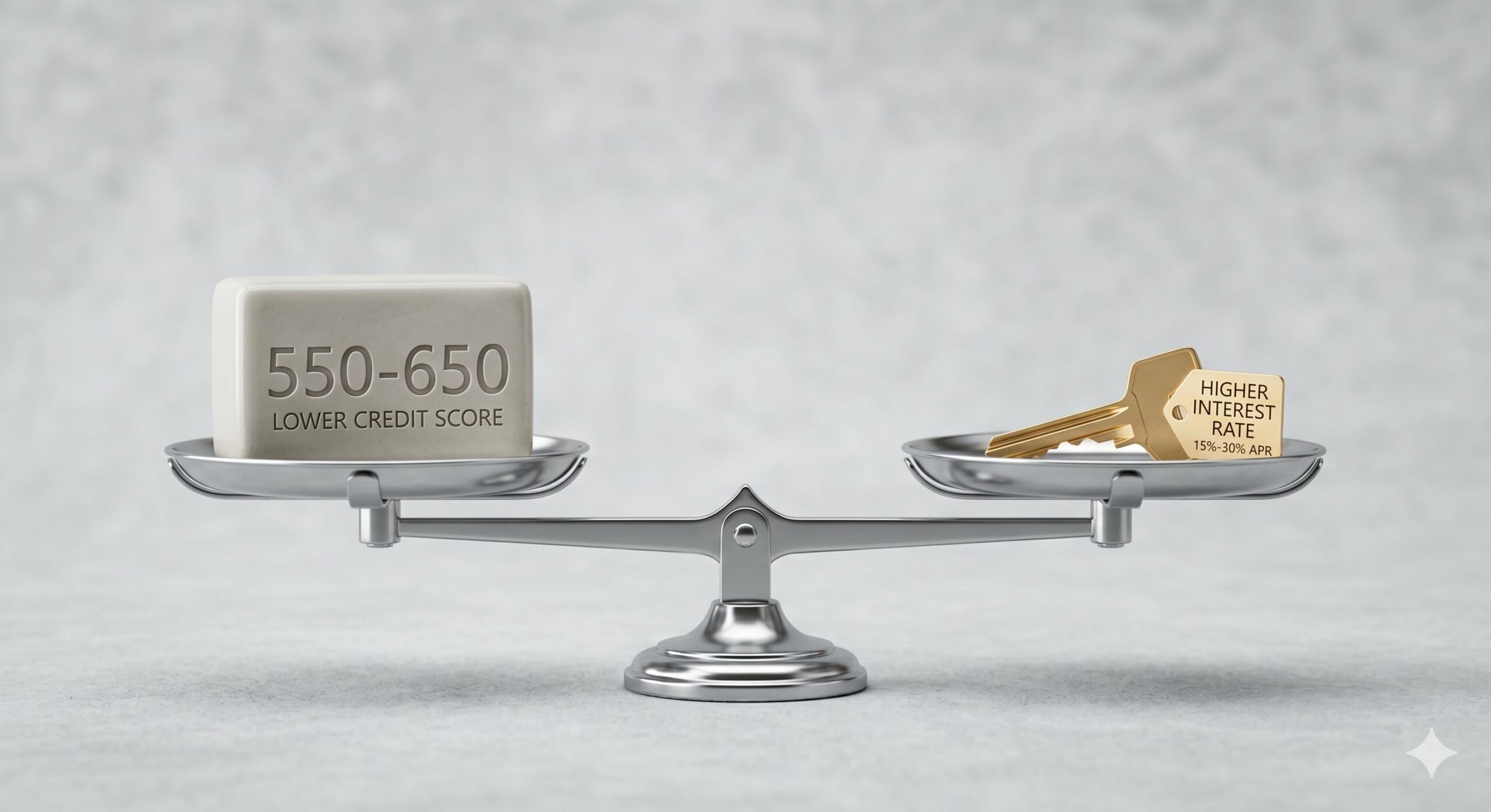A symbolic conceptual photo of balanced scales holding blocks labeled '550-650 Credit Score' and a golden key representing 'Higher Interest Rate' of '15 APR.'
